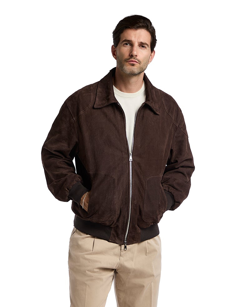 Dark Brown Suede Button Bomber Jacket
