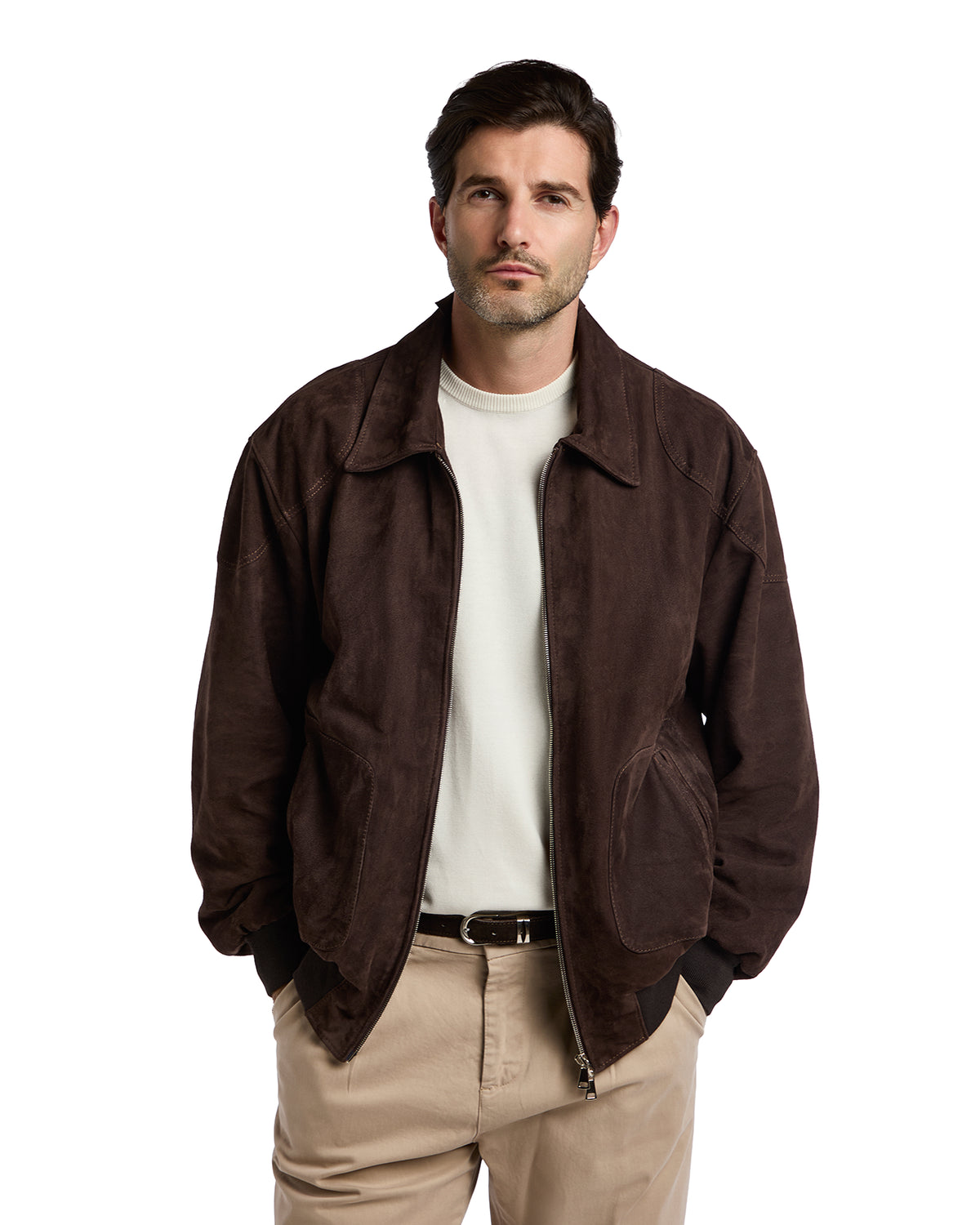 Dark Brown Suede Button Bomber Jacket