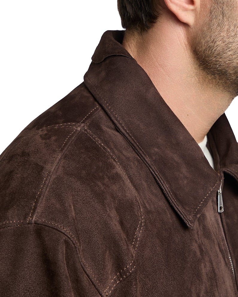 Dark Brown Suede Button Bomber Jacket