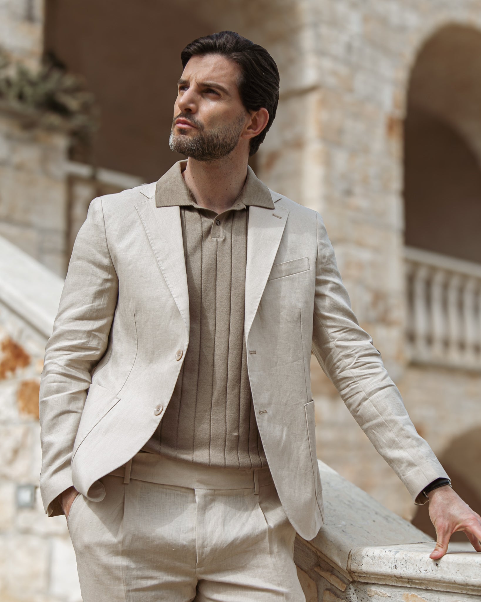Cameron - Beige Ribbed Knit Polo