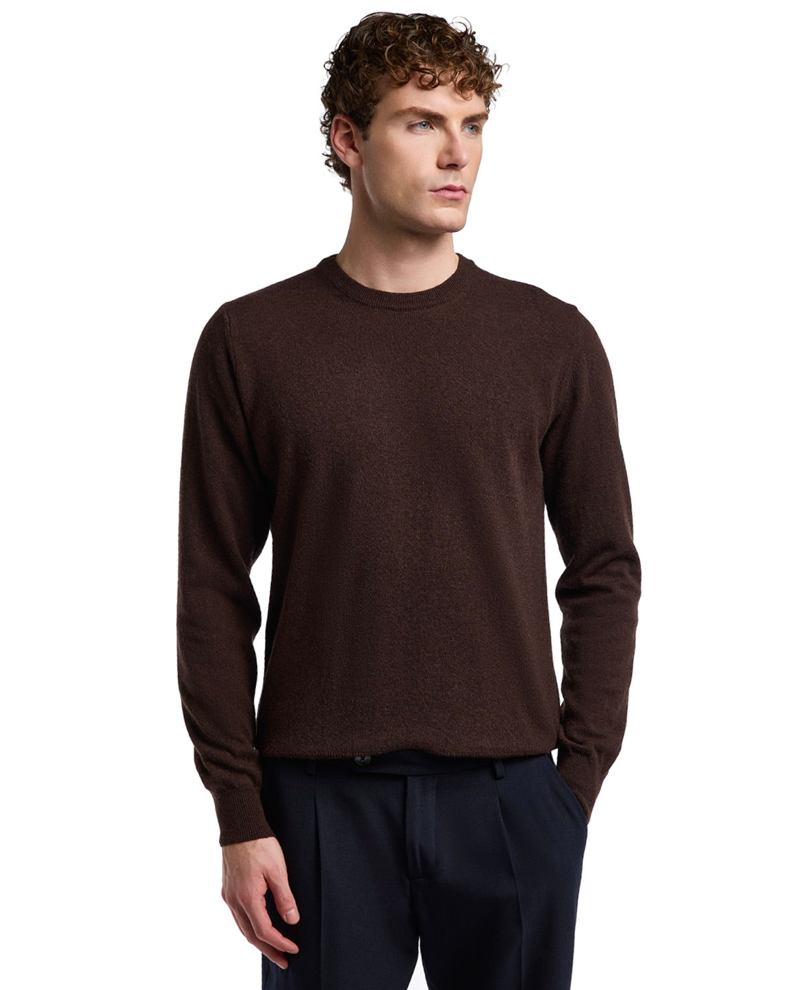 Men's brown cashmere sweater, round neckline, long sleeves, casual style, perfect for layering in cool weather.