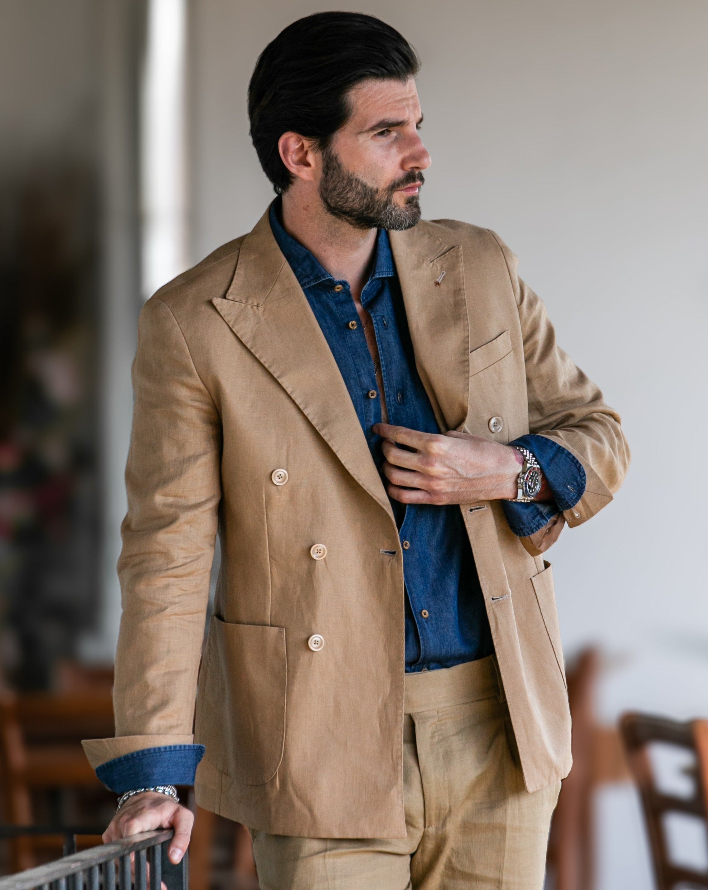 Baunei - camel pure linen double-breasted jacket