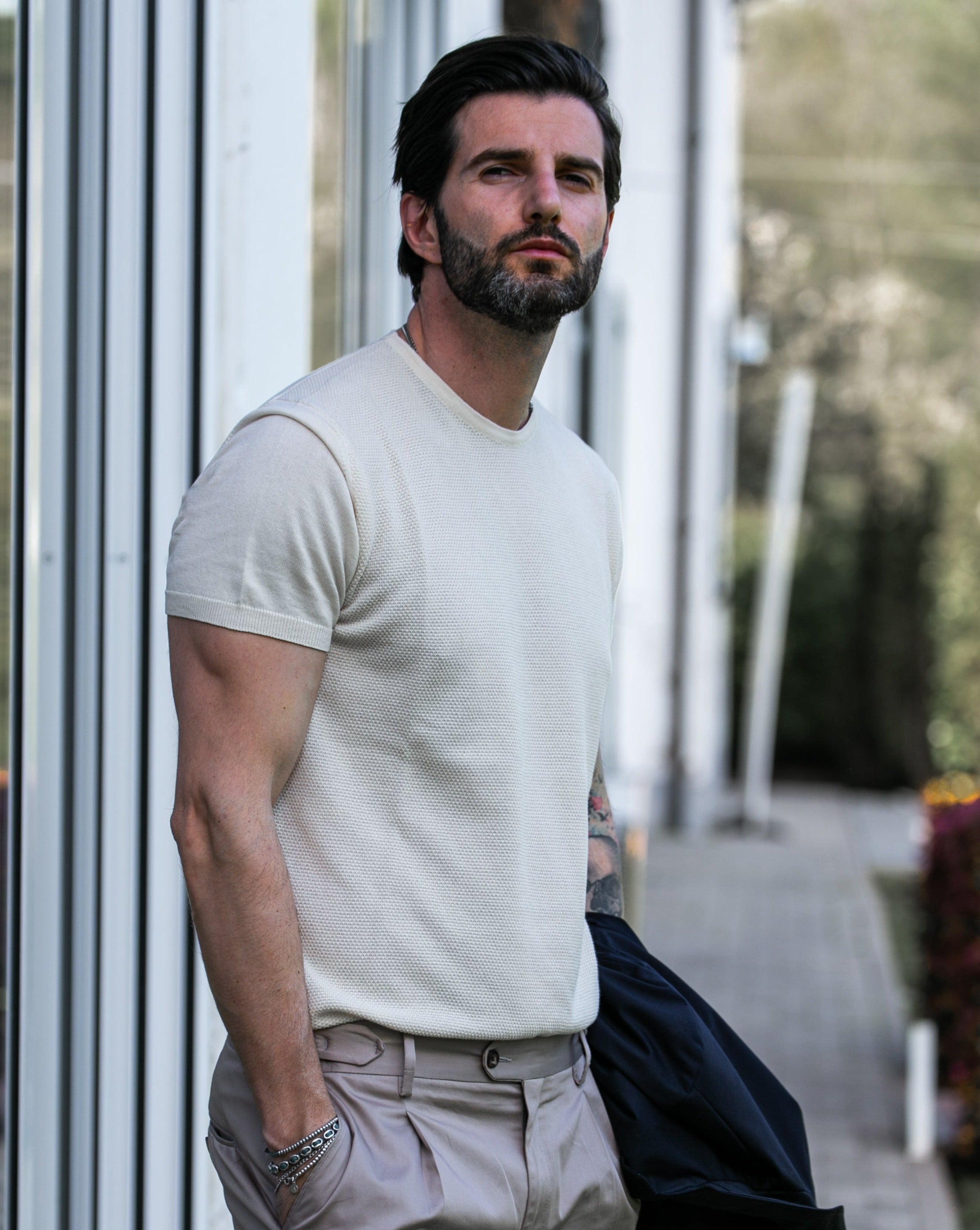 Lorenzo - cream t-shirt in jacquard knit