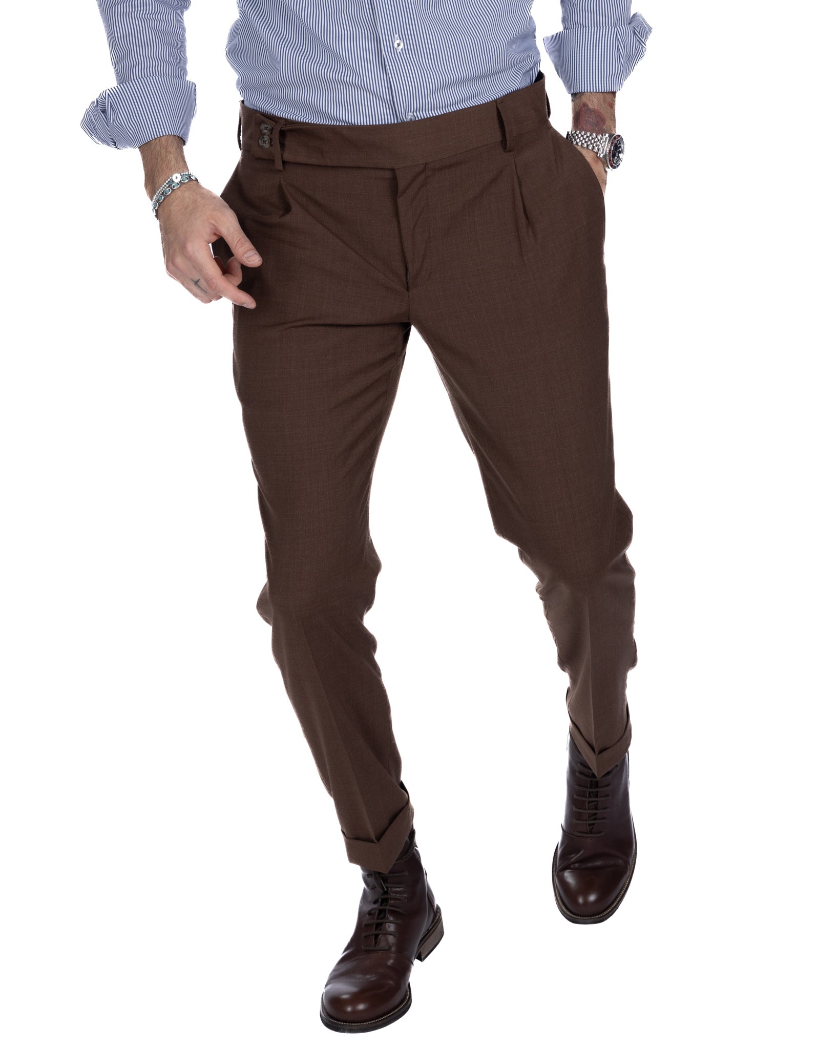 Pantalon italien taille haute marron foncé en laine mélangée