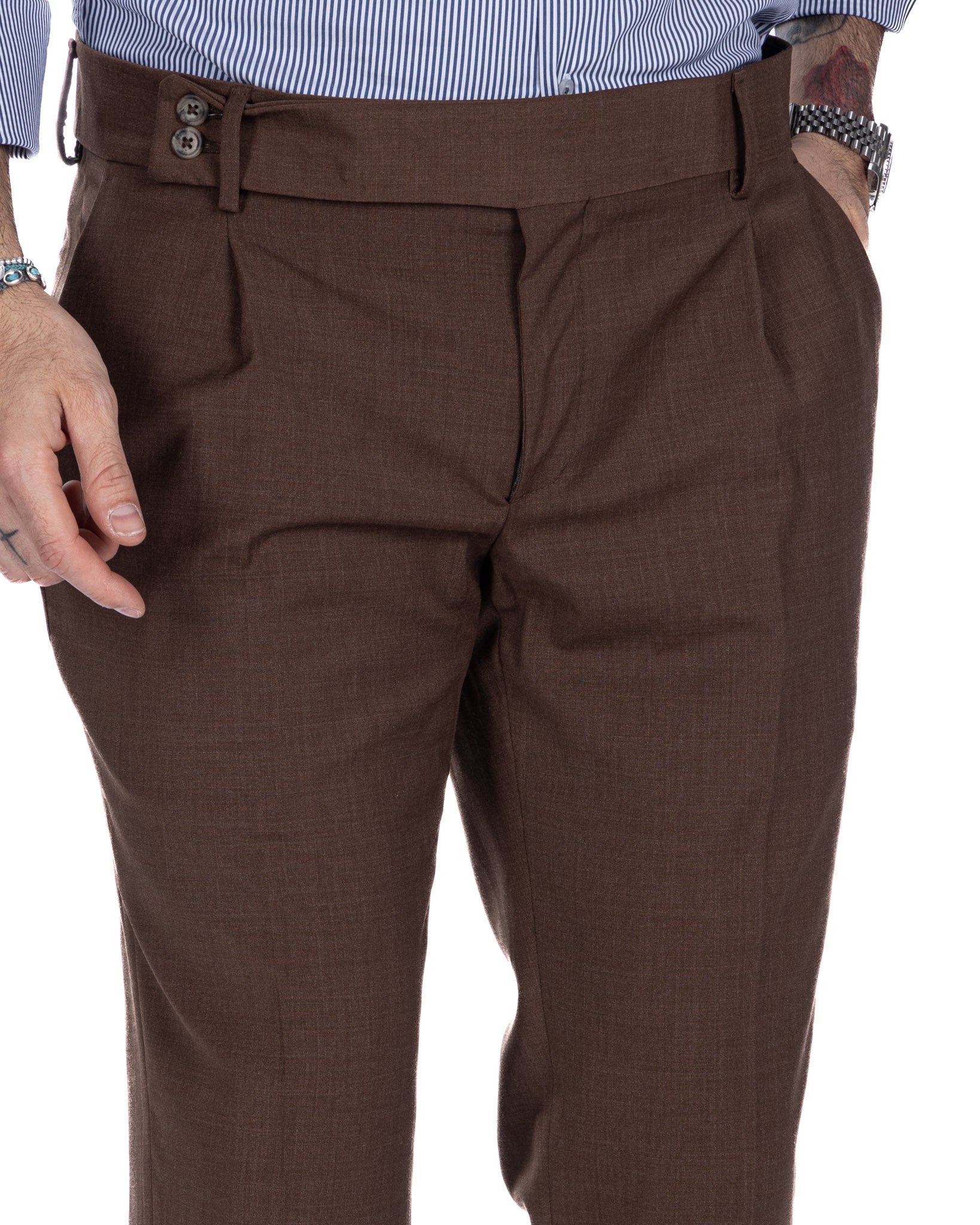 Pantalon italien taille haute marron foncé en laine mélangée