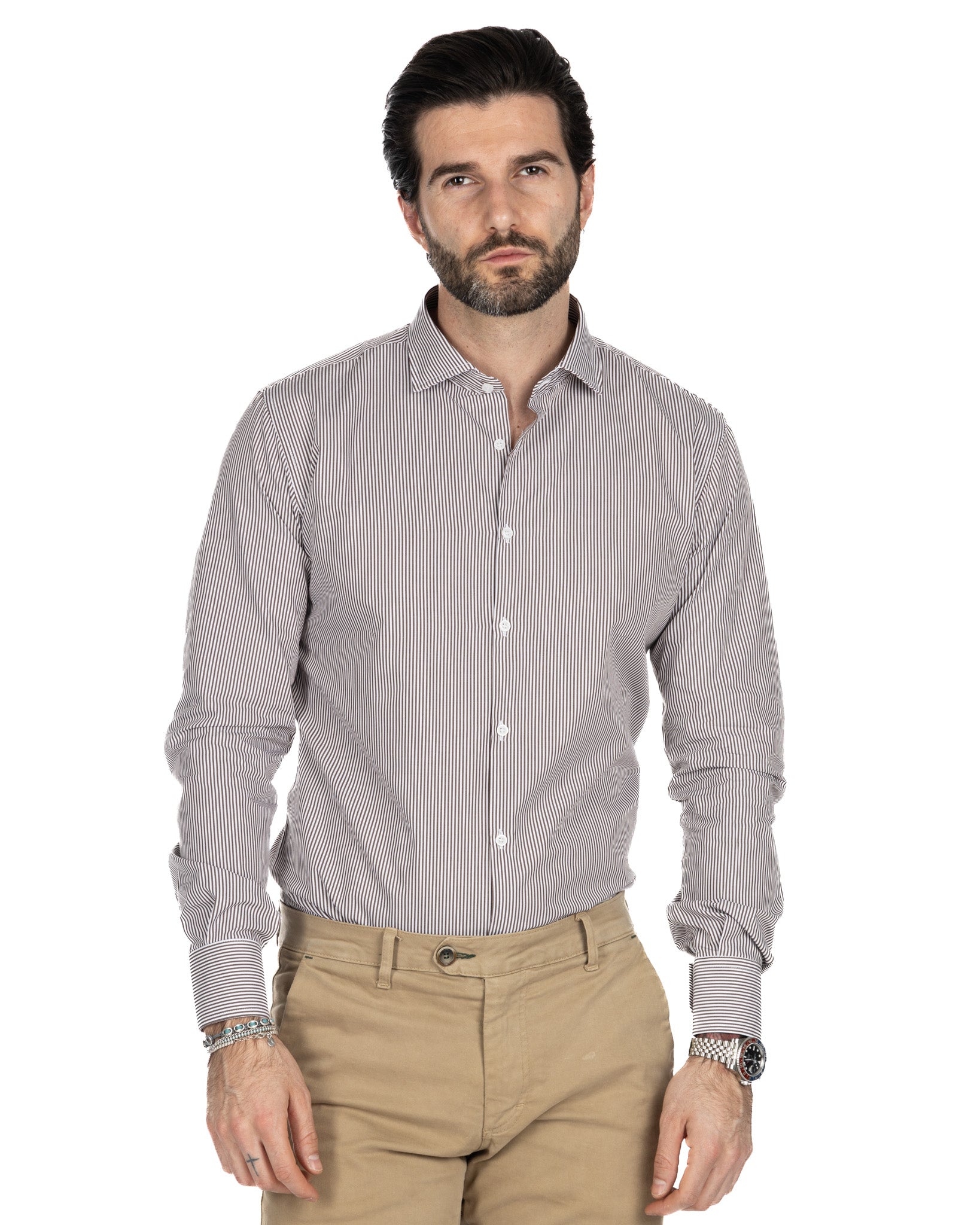 Shirt - slim fit narrow stripe brown