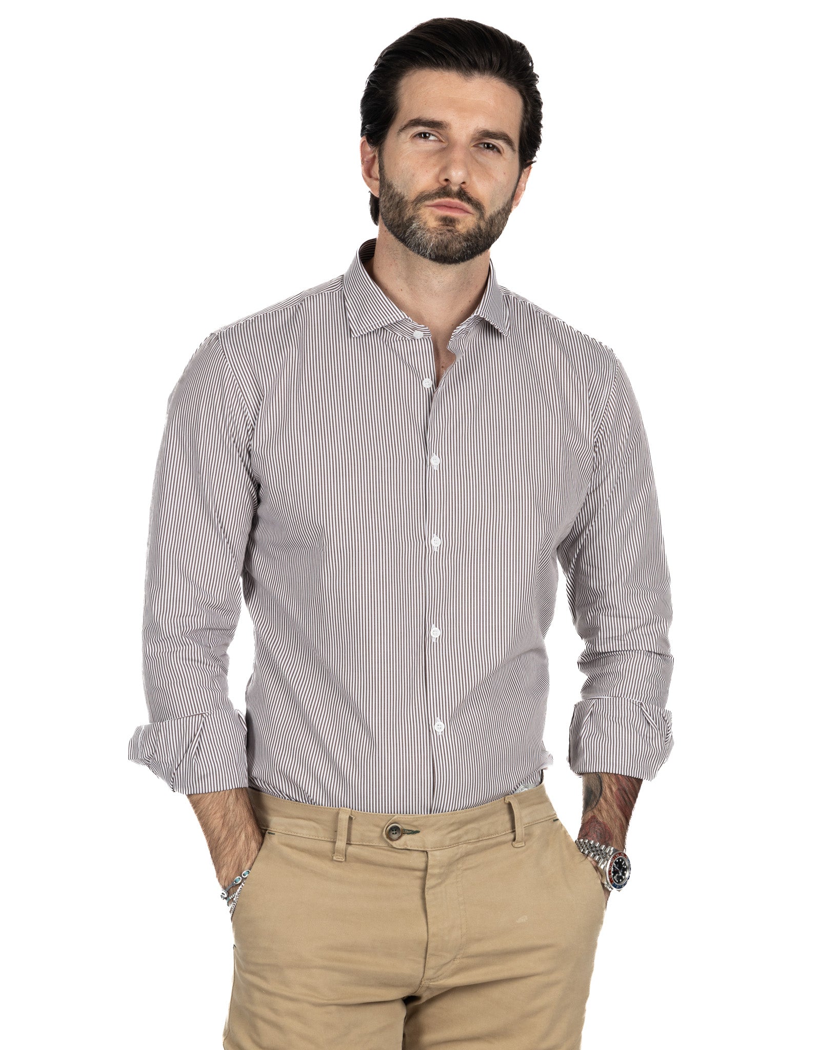 Shirt - slim fit narrow stripe brown