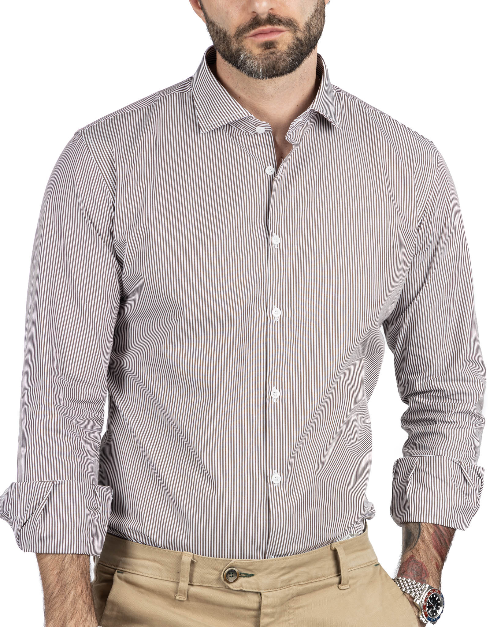 Shirt - slim fit narrow stripe brown