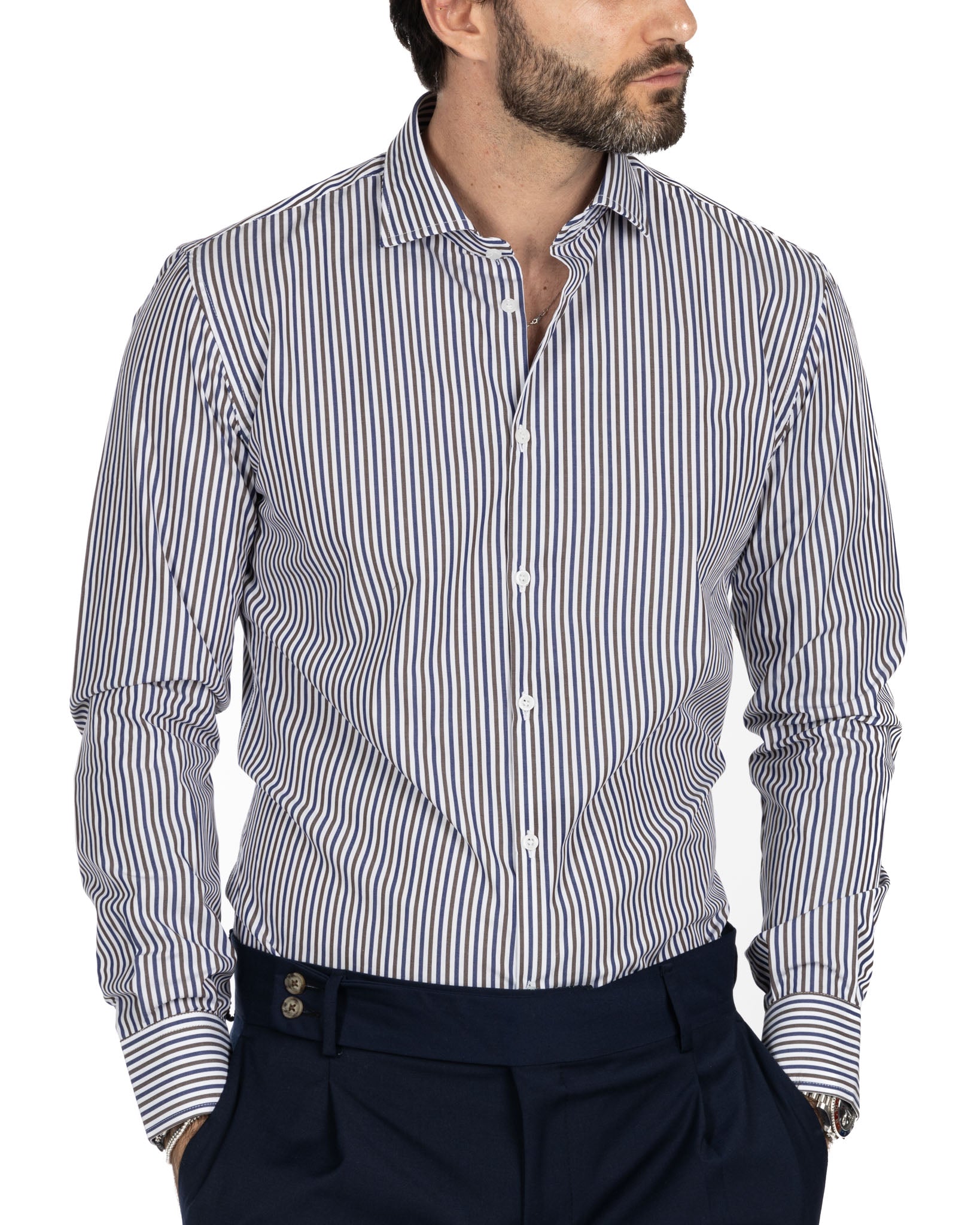 Chemise - slim fit rayures marron et bleues