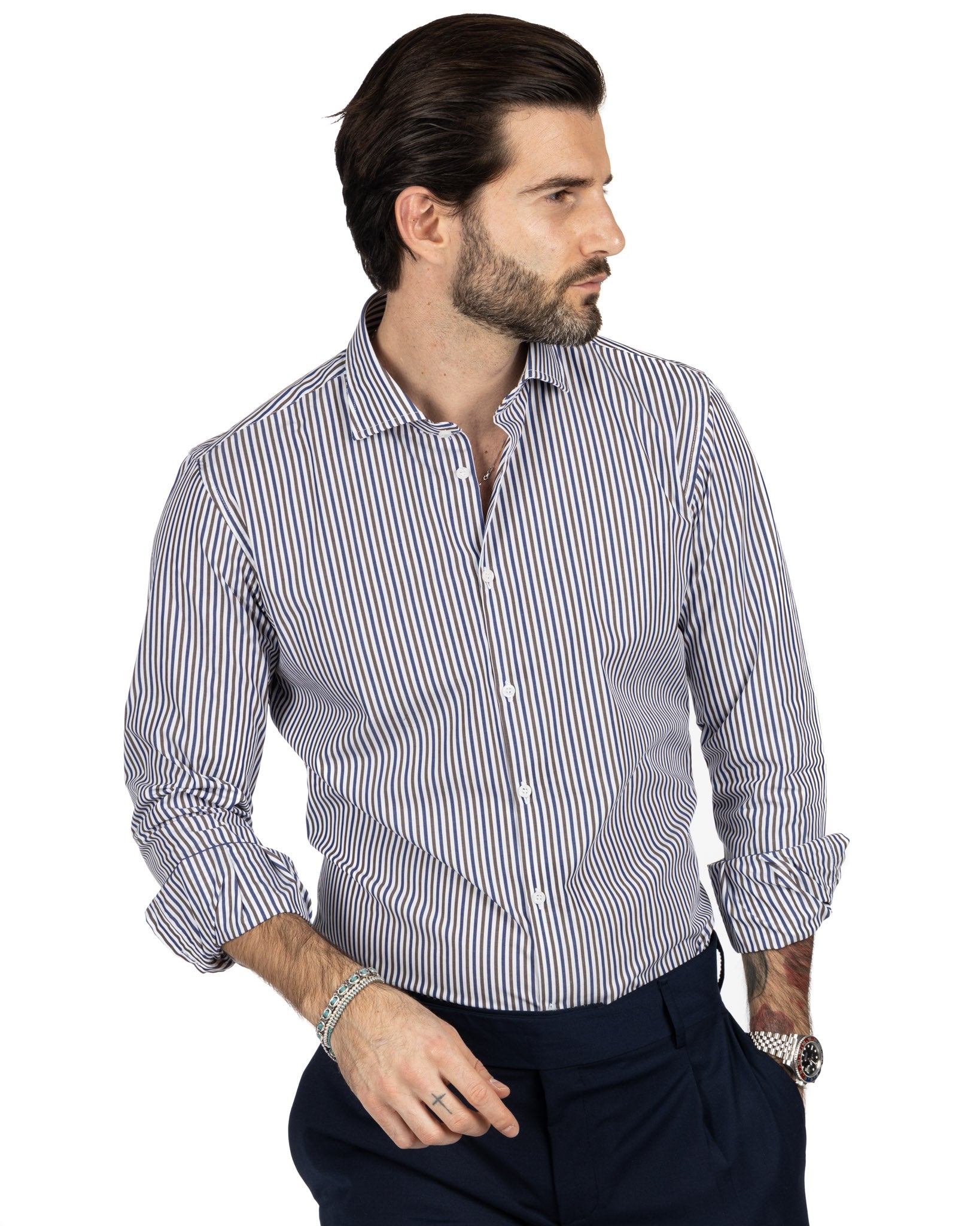 Chemise - slim fit rayures marron et bleues