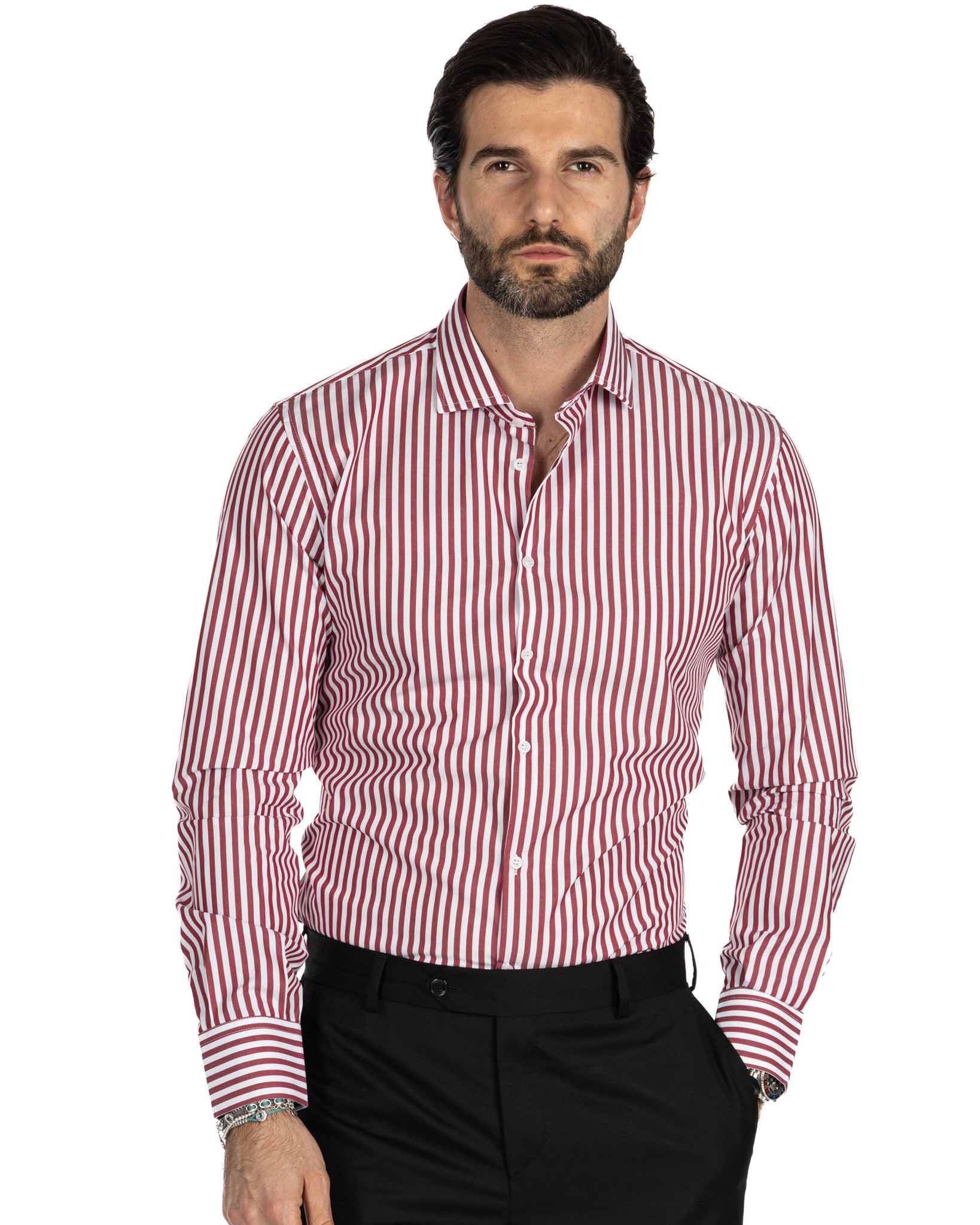 Chemise - slim fit medium stripe burgundy