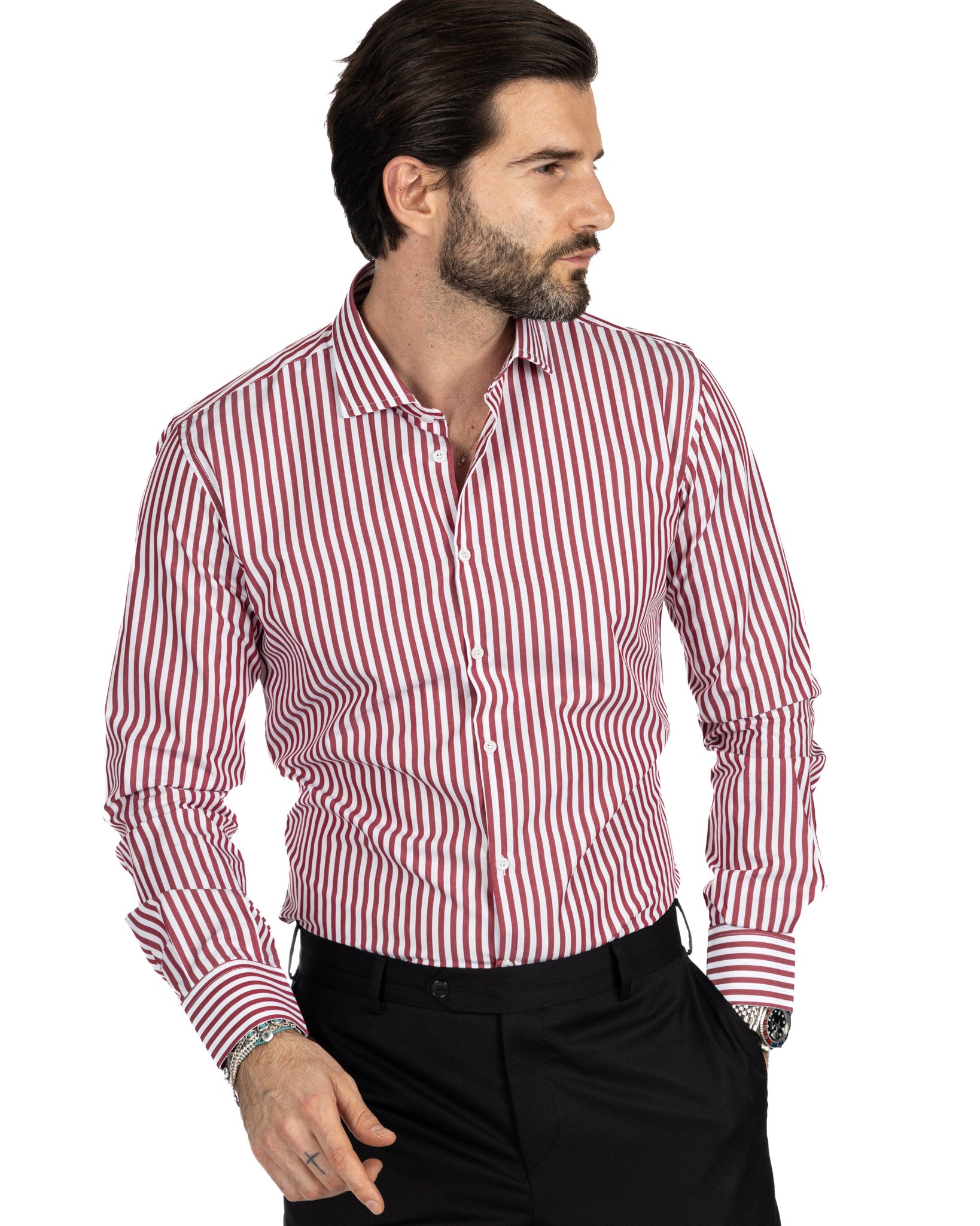Chemise - slim fit medium stripe burgundy
