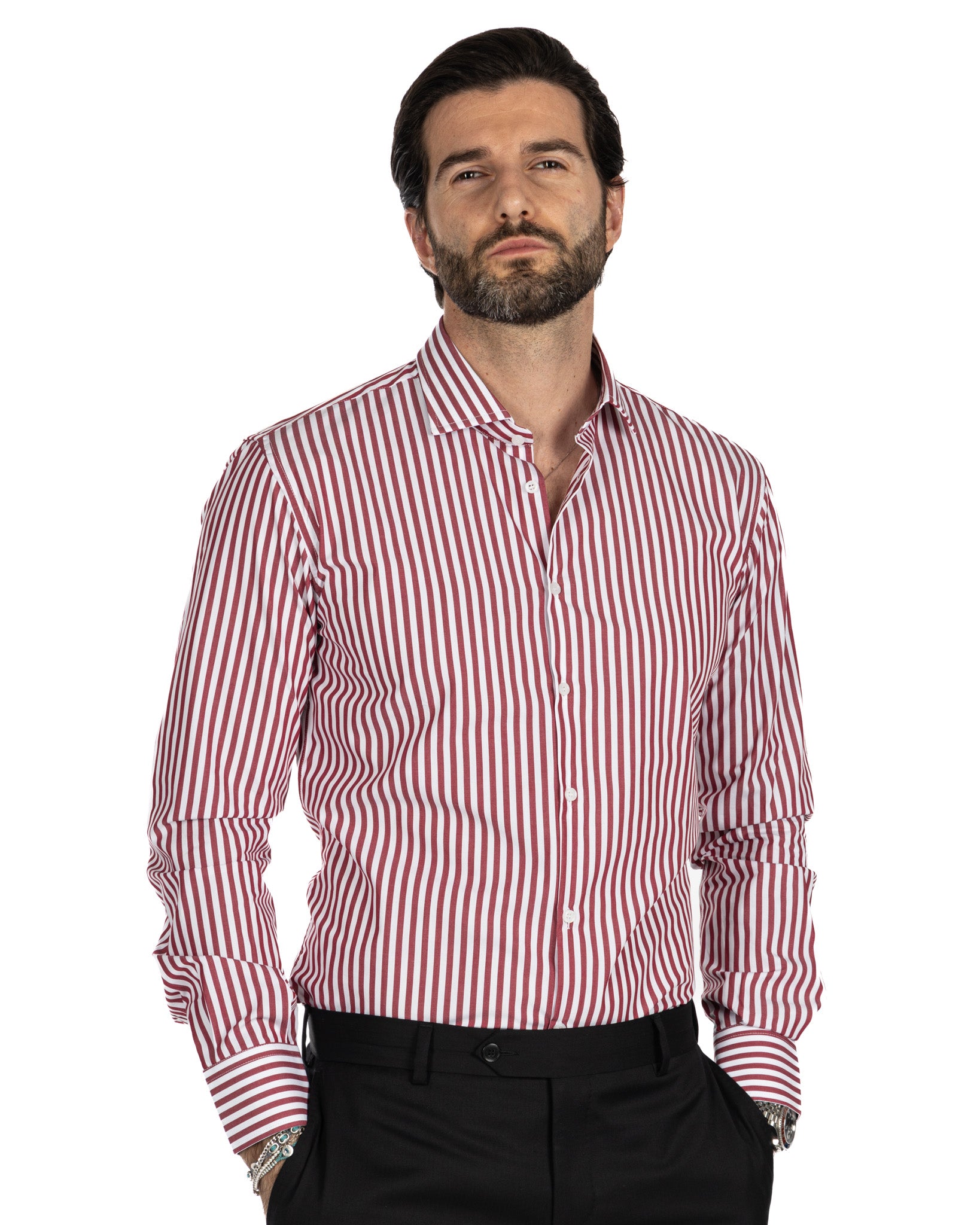 Chemise - slim fit medium stripe burgundy
