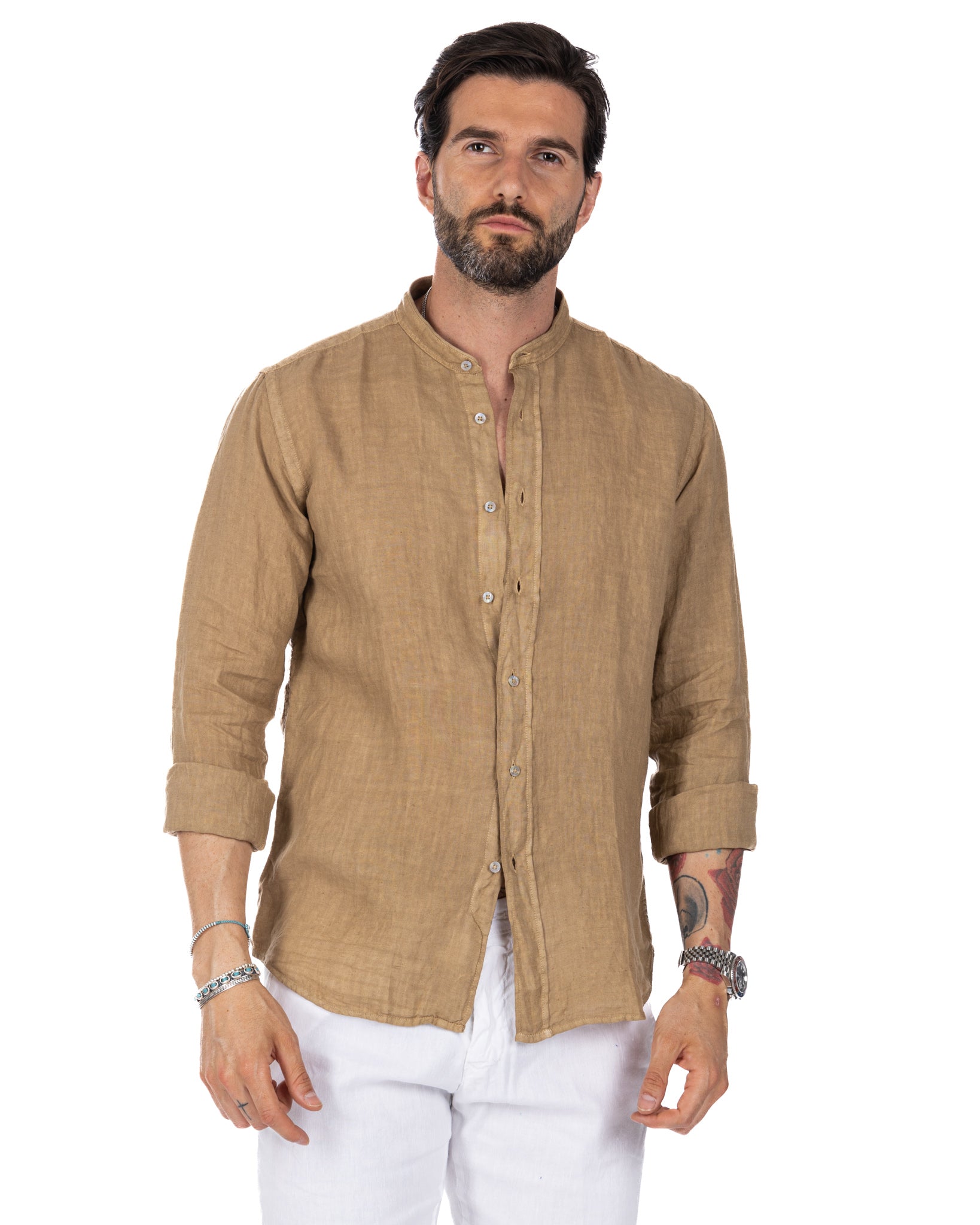 Nizza - Korean shirt in beige pure linen