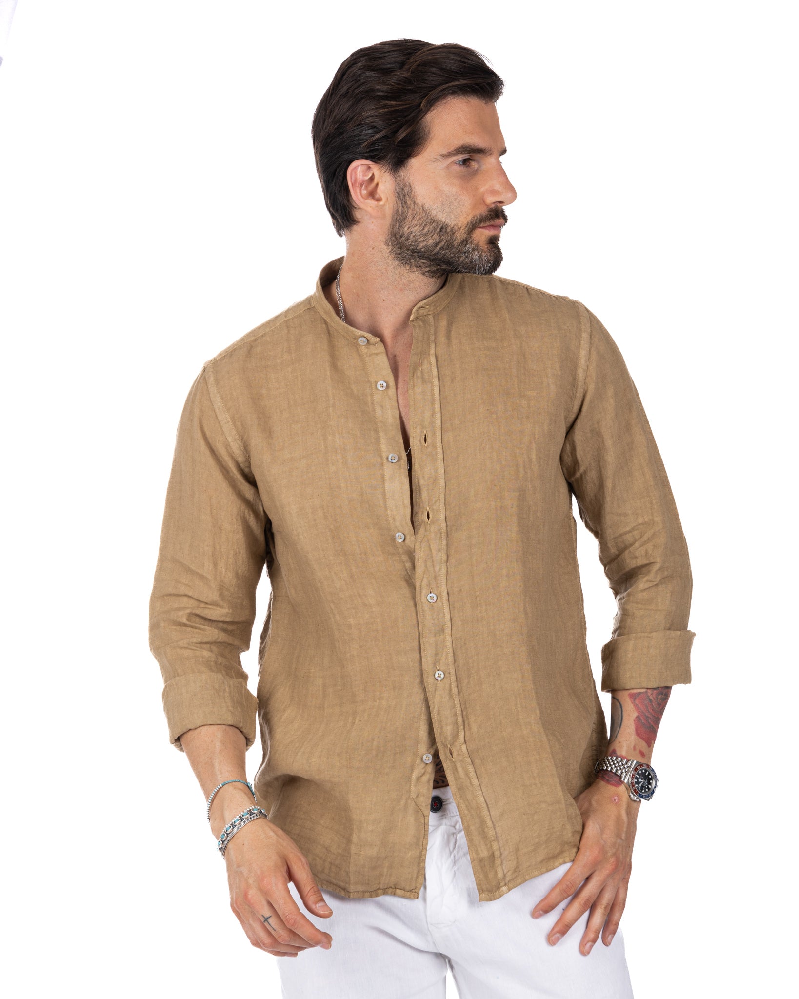 Nizza - Korean shirt in beige pure linen