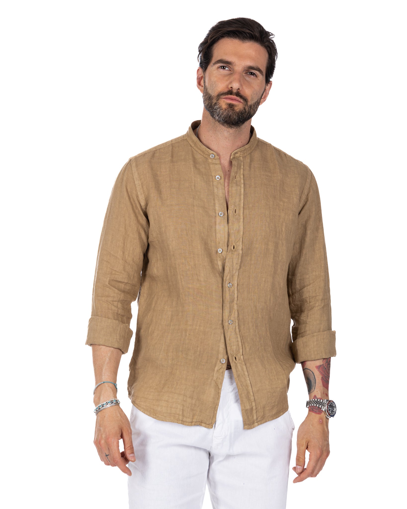 Nizza - Korean shirt in beige pure linen
