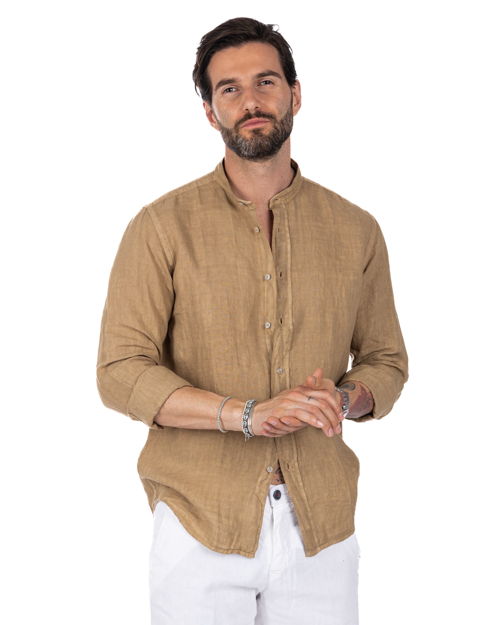 Nizza - Korean shirt in beige pure linen