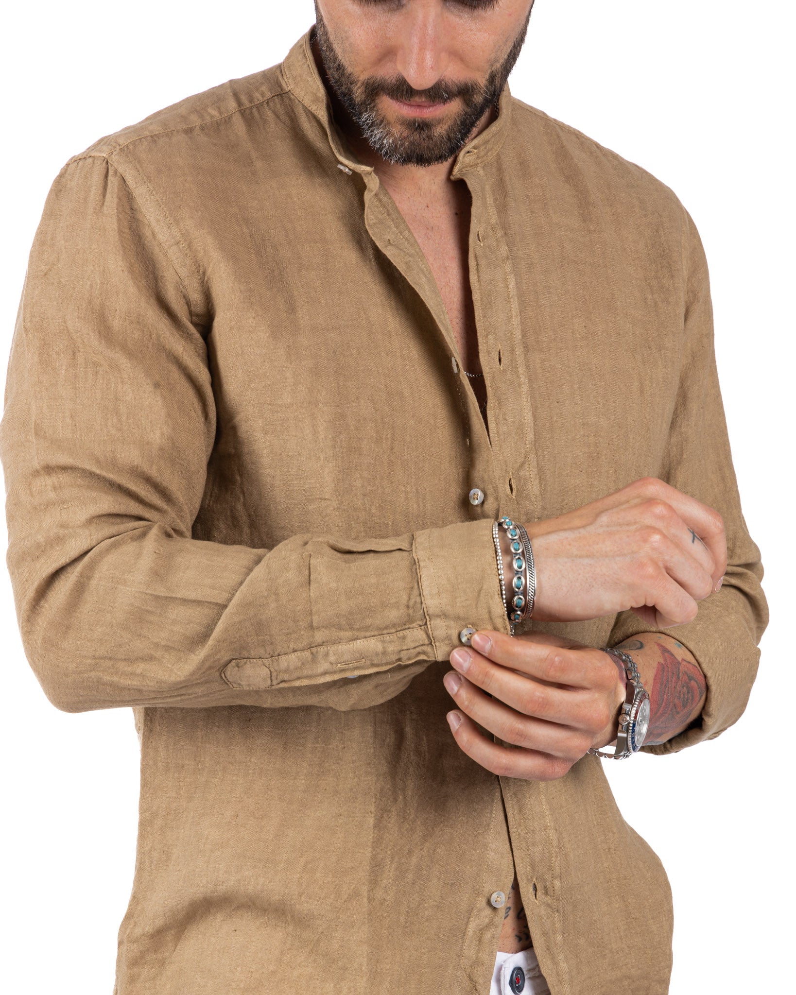 Nizza - Korean shirt in beige pure linen