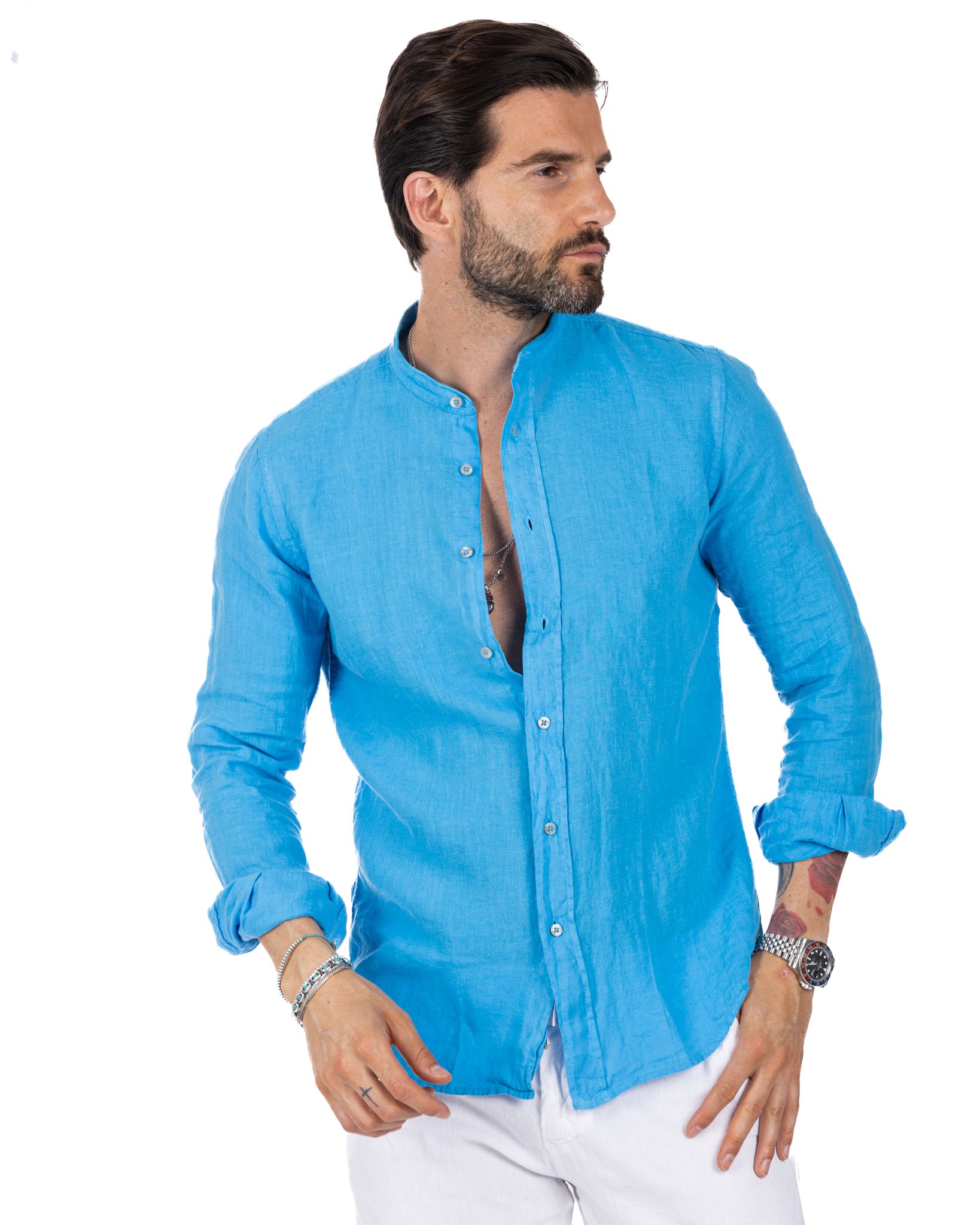 Nizza - Korean shirt in turquoise pure linen