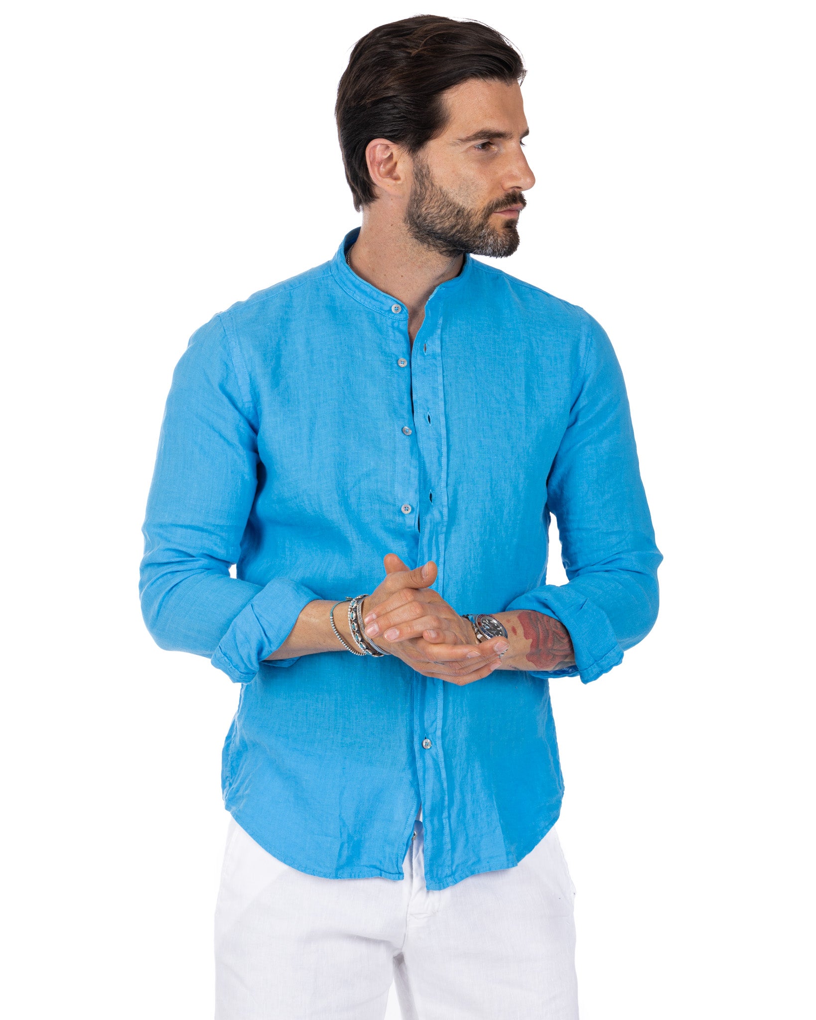 Nizza - Korean shirt in turquoise pure linen