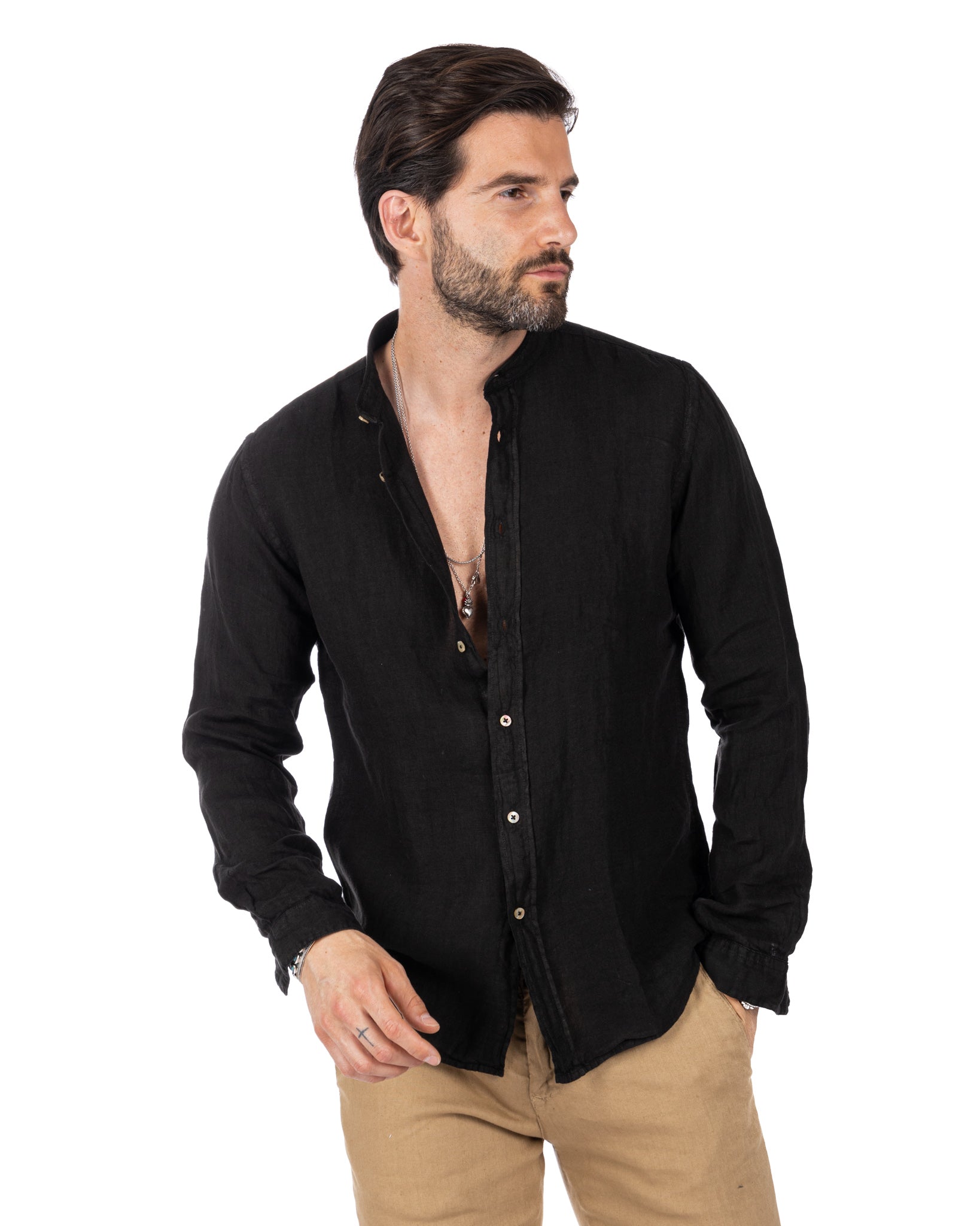 Nice - chemise coréenne noire en pur lin