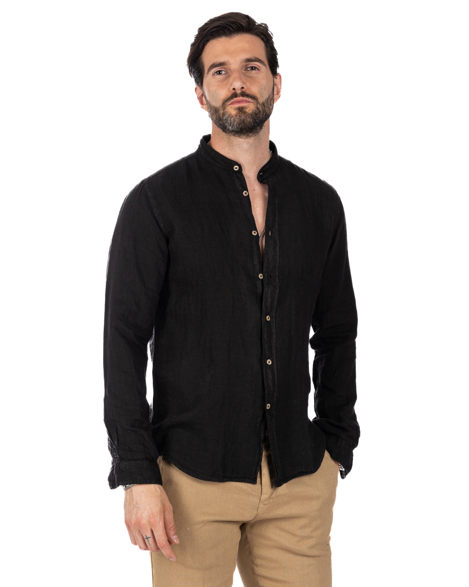 Nice - chemise coréenne noire en pur lin