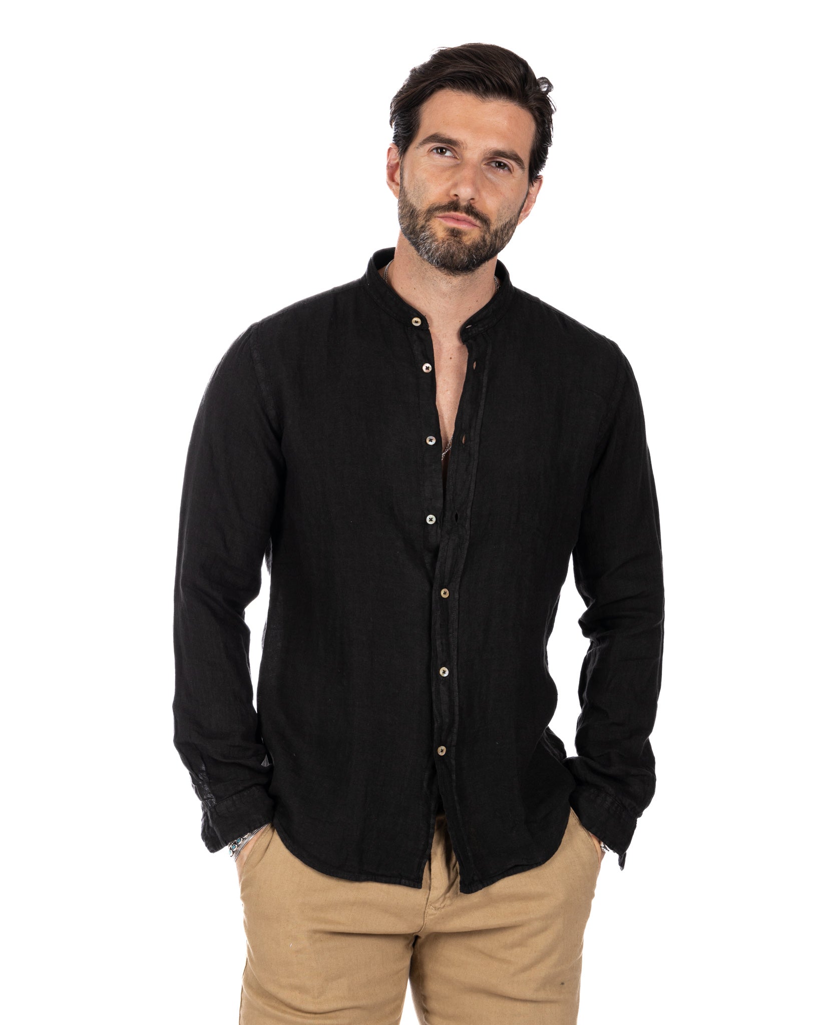 Nice - chemise coréenne noire en pur lin