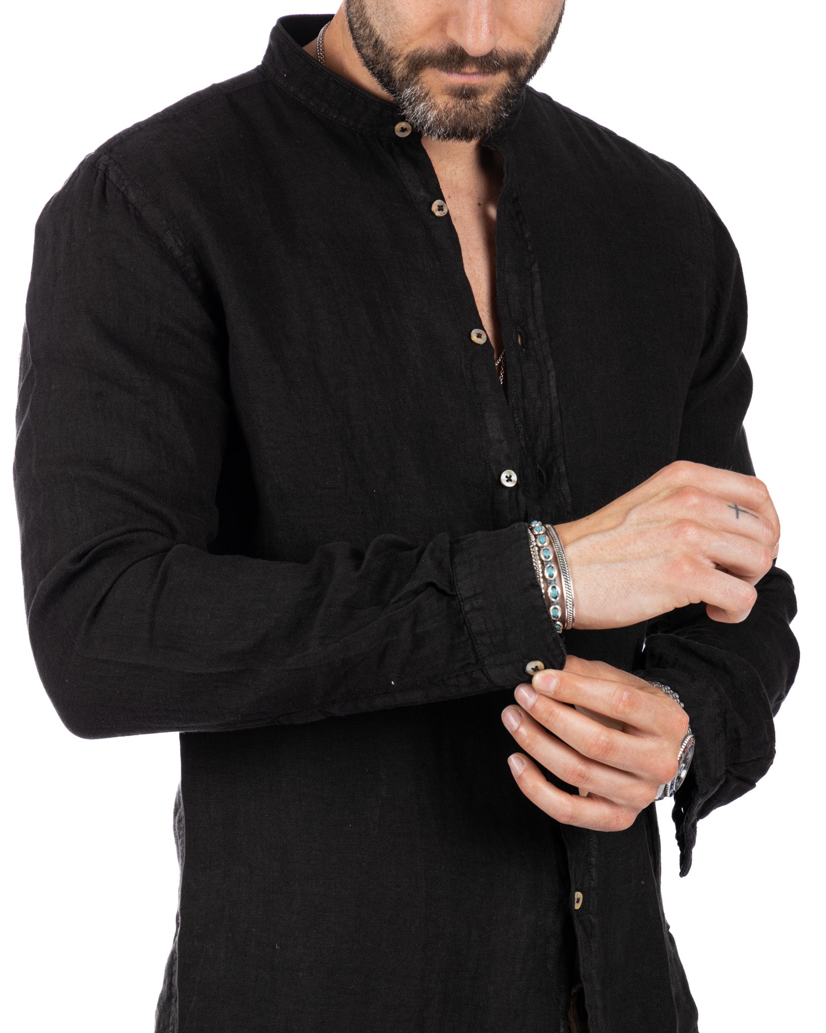 Nice - chemise coréenne noire en pur lin