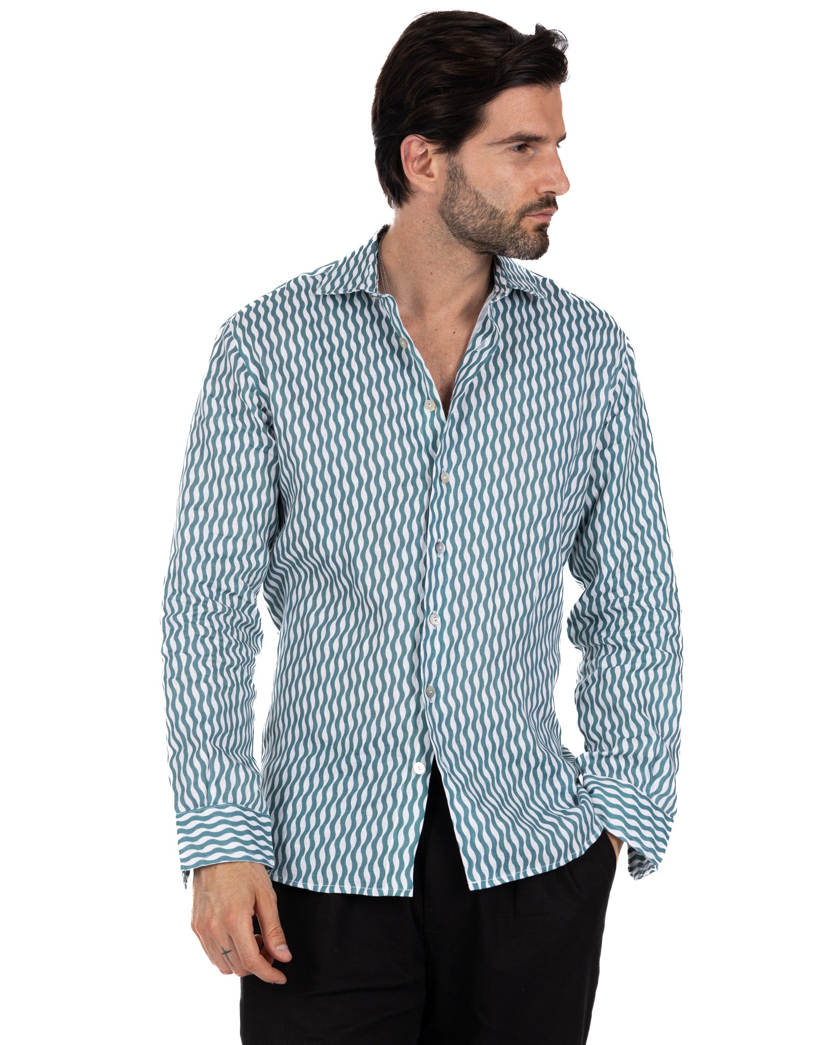 Onda - camicia stampata turchese in lino
