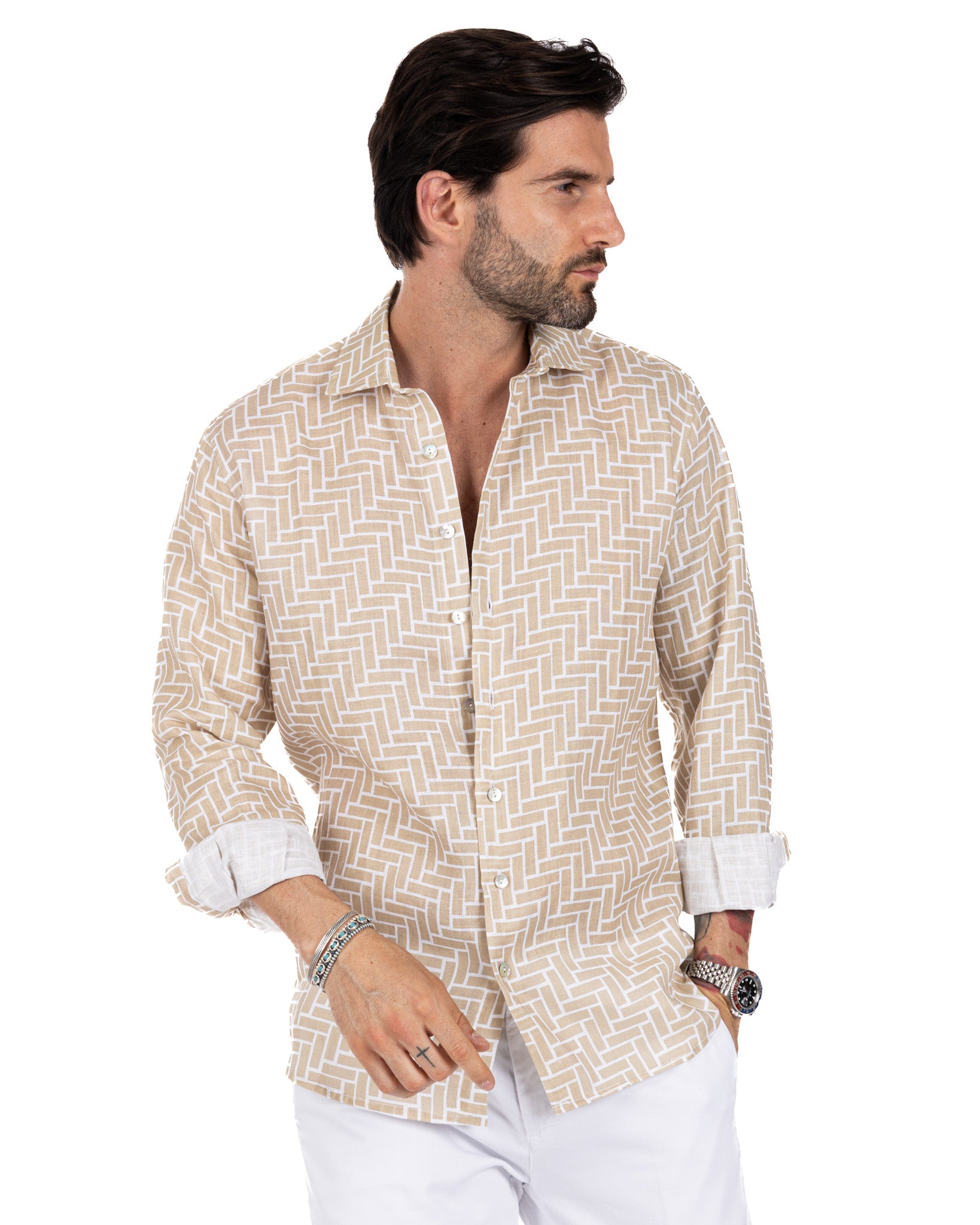 Riggiòla - beige printed linen shirt