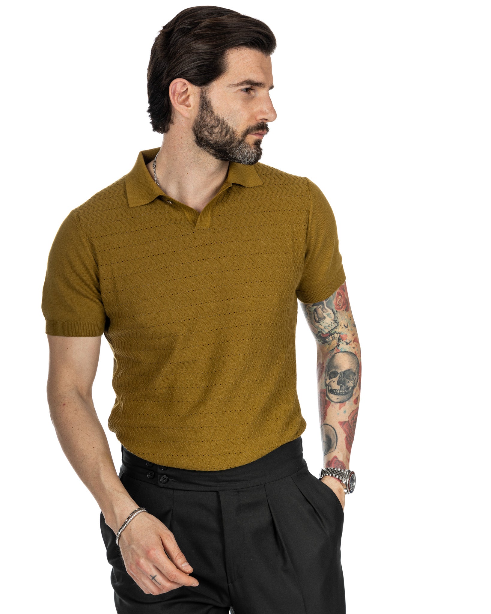 Stefanos - camel jacquard knitted polo shirt