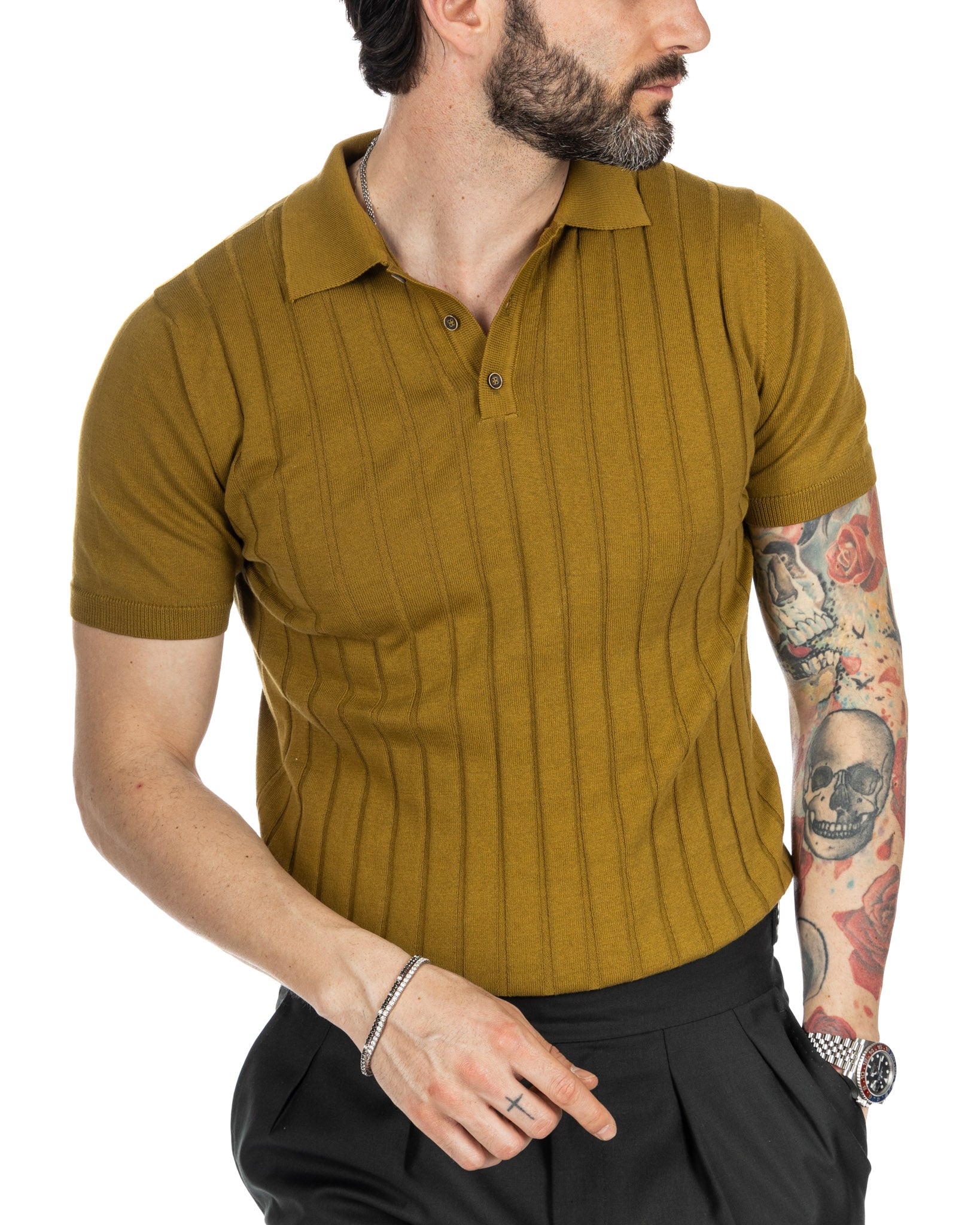 Rafael - camel ribbed knitted polo shirt