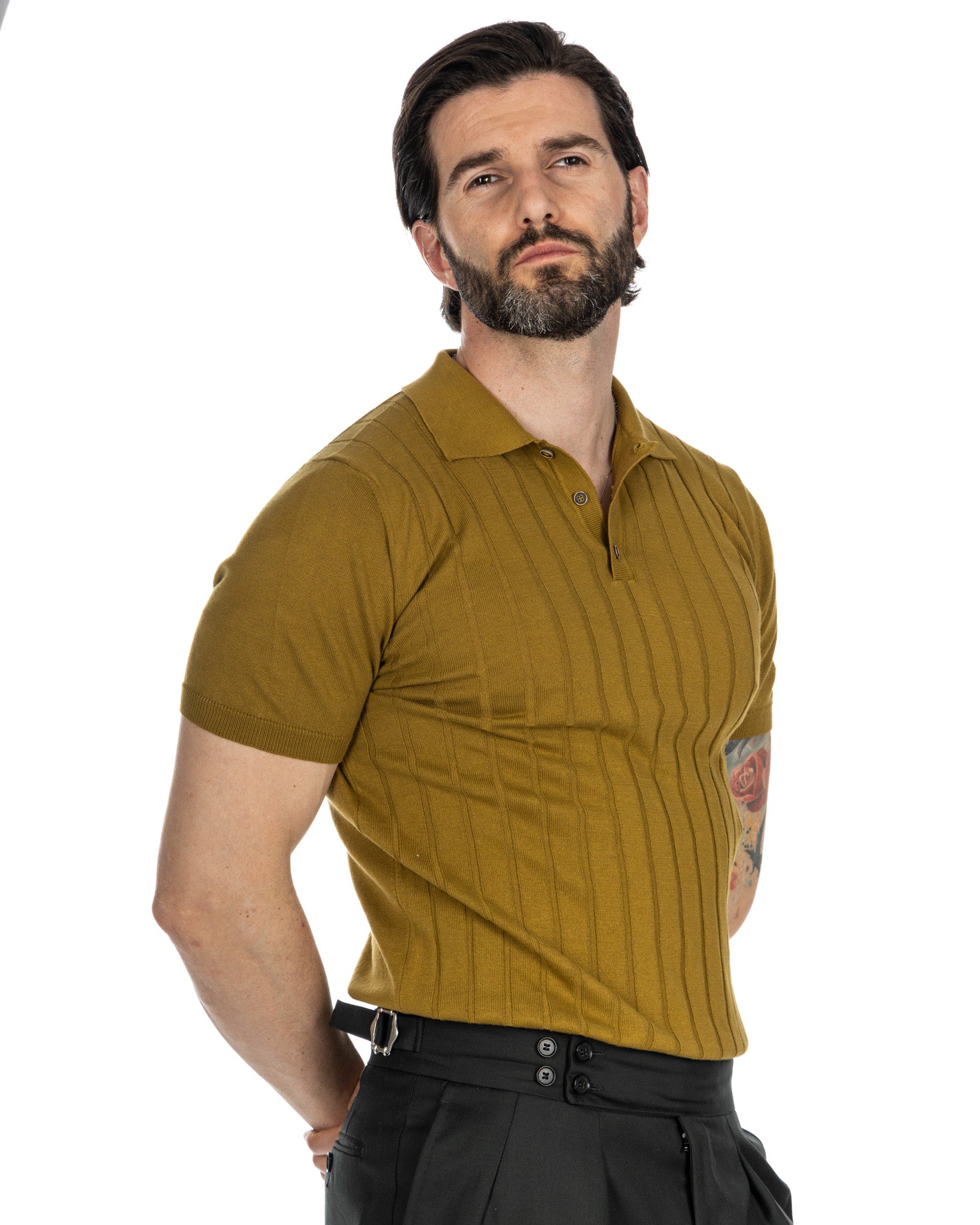 Rafael - camel ribbed knitted polo shirt