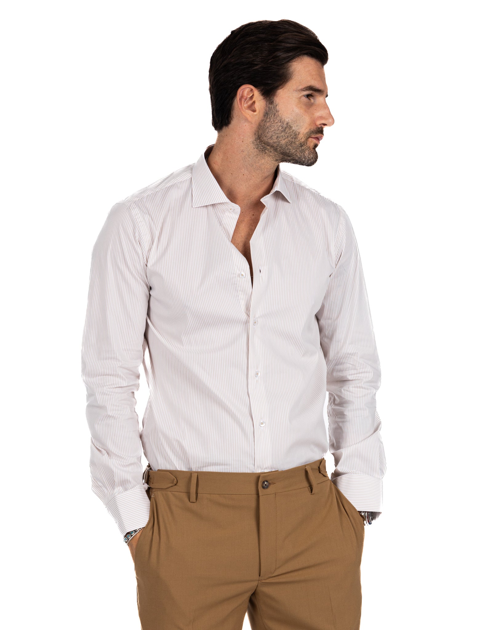 Camisa - básica clásica beige raya estrecha de algodón