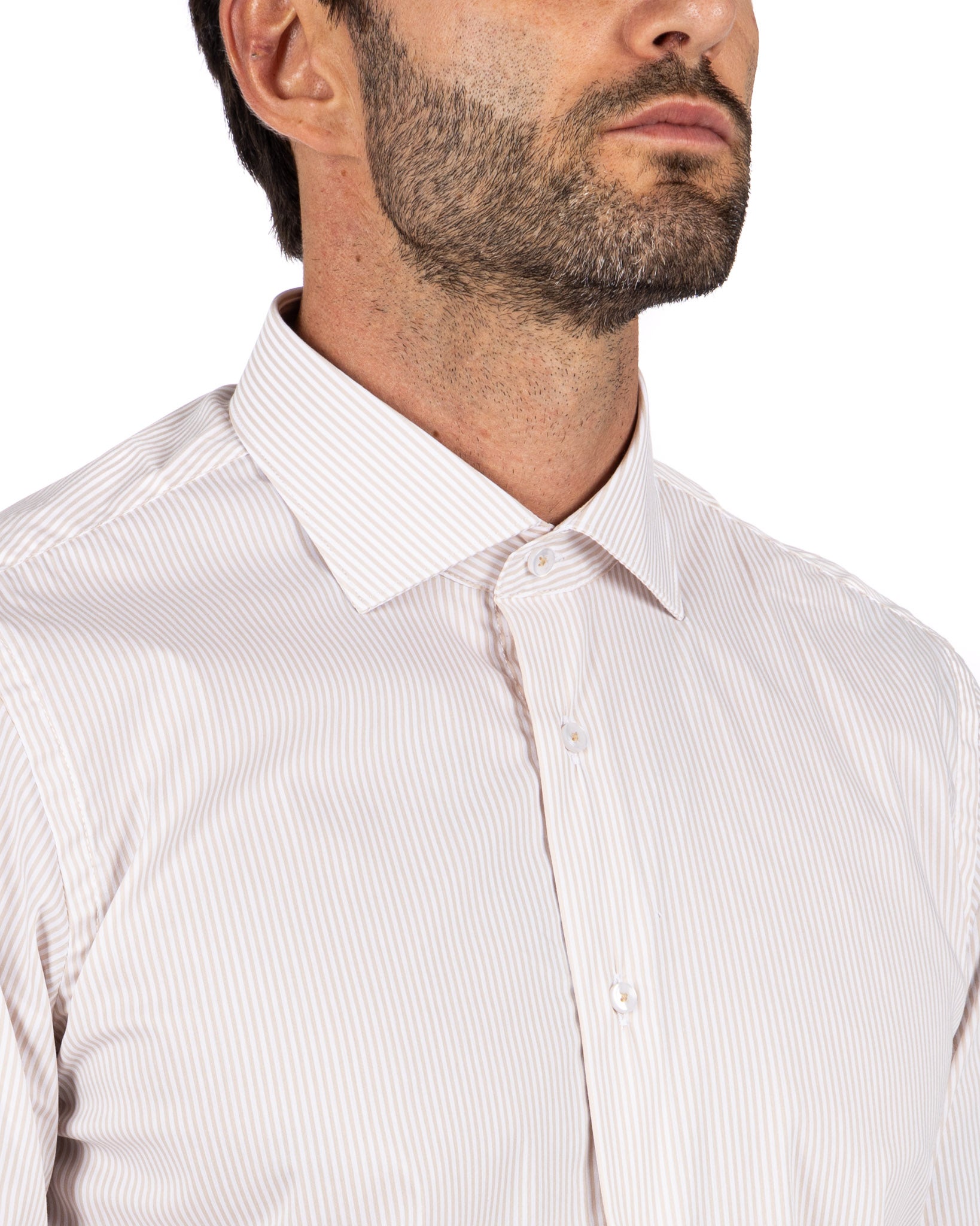 Camisa - básica clásica beige raya estrecha de algodón