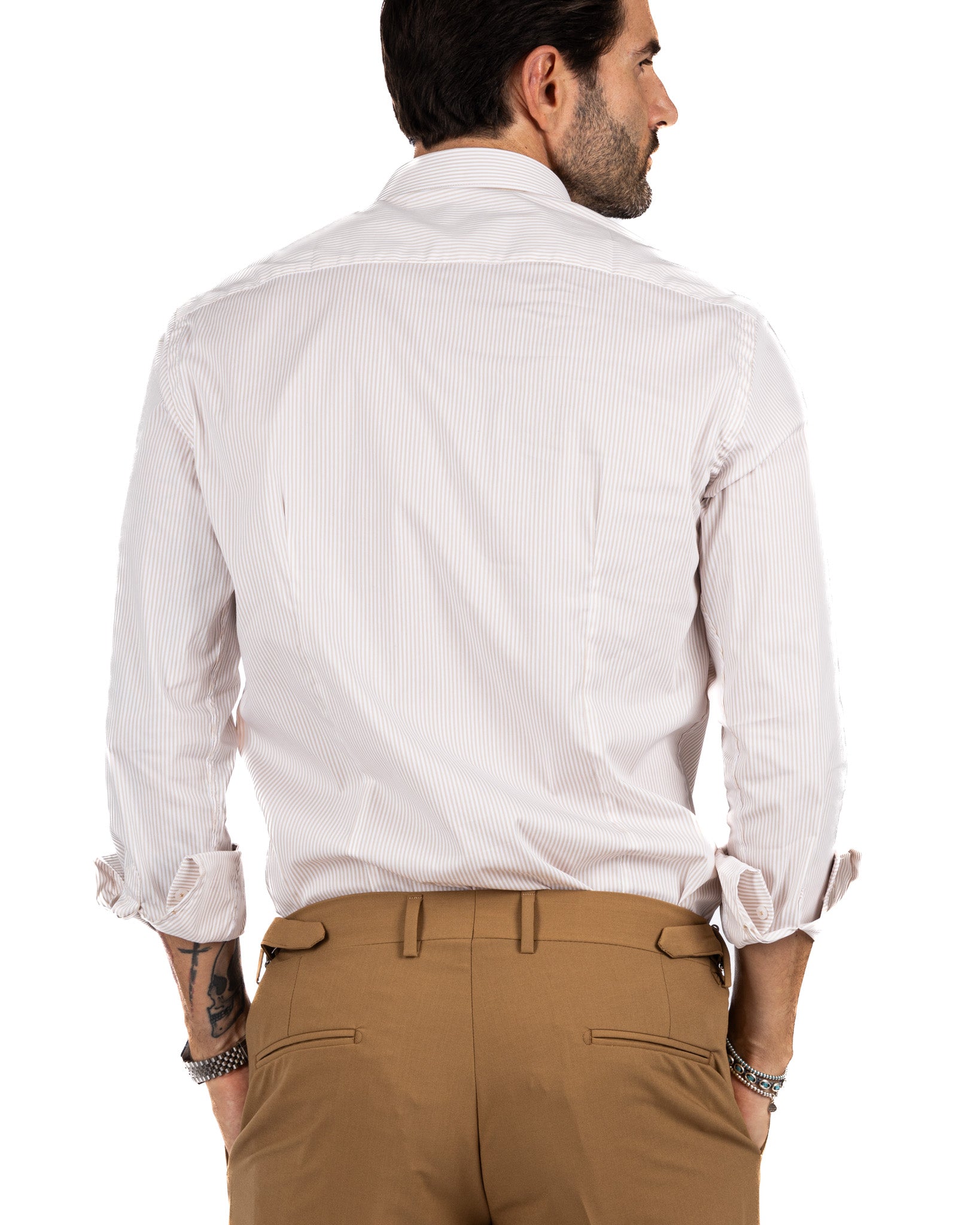 Camisa - básica clásica beige raya estrecha de algodón