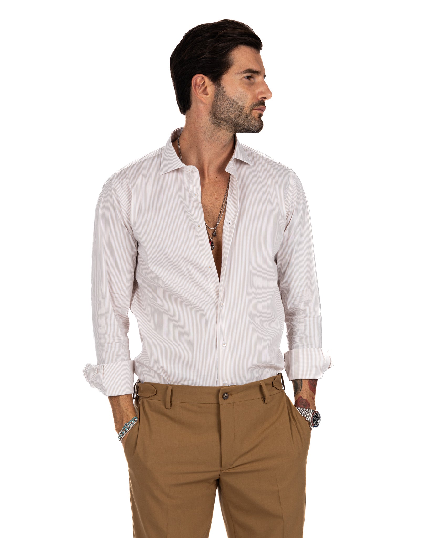 Camisa - básica clásica beige raya estrecha de algodón