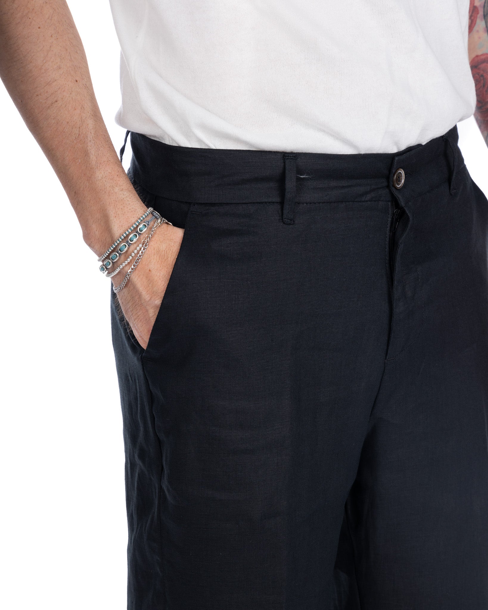 Lucas - pantalone largo in puro lino nero