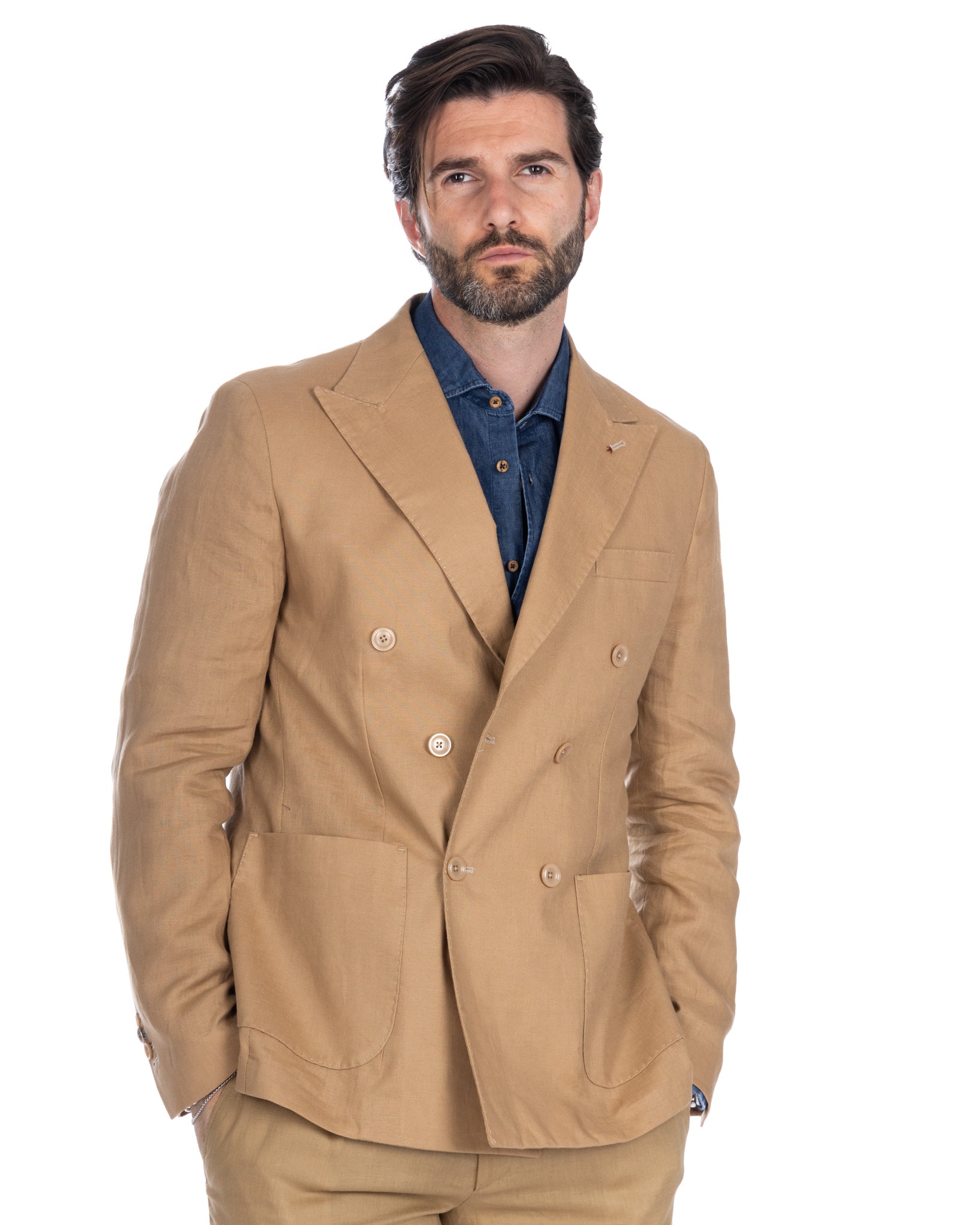 Baunei - camel pure linen double-breasted jacket