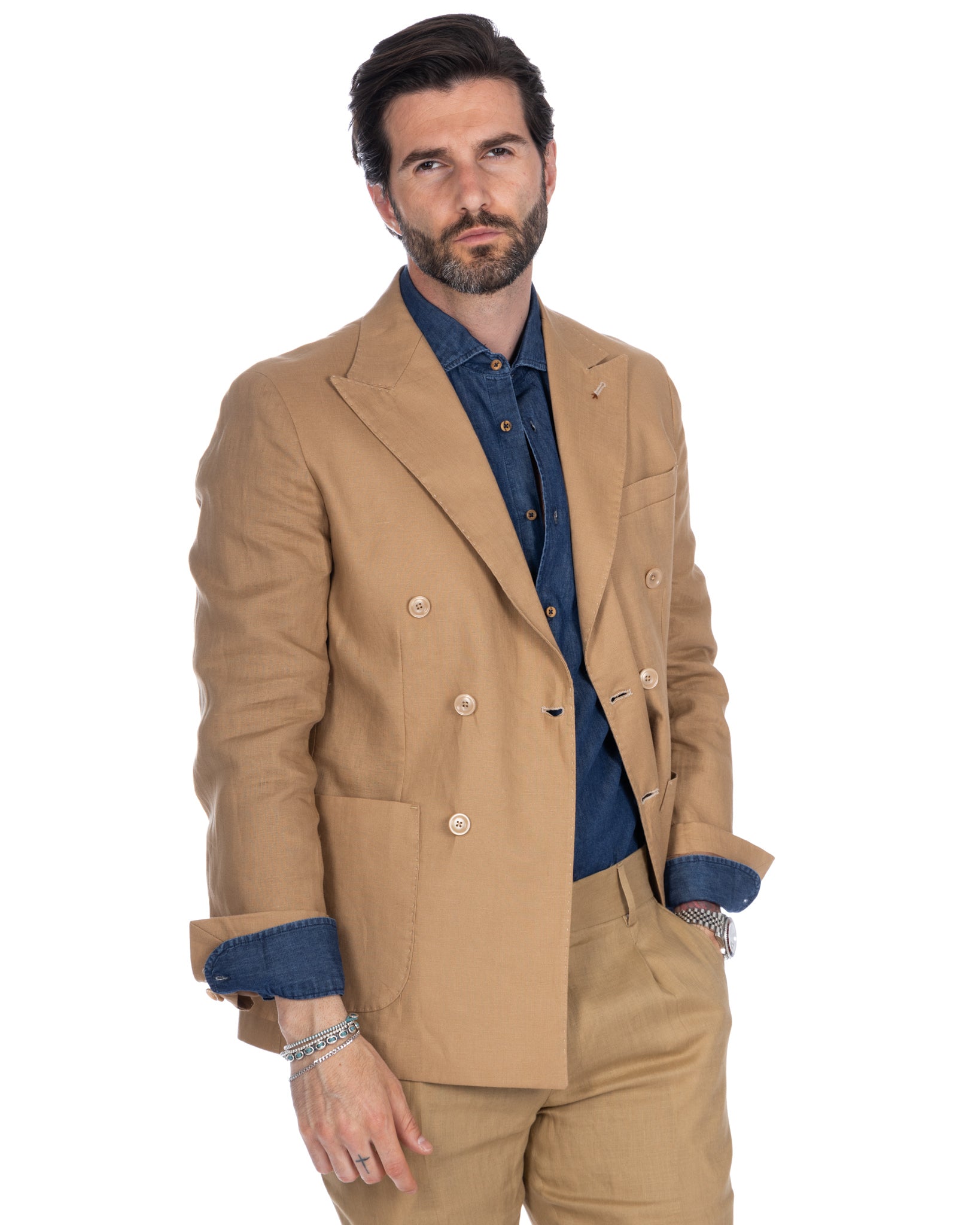 Baunei - camel pure linen double-breasted jacket