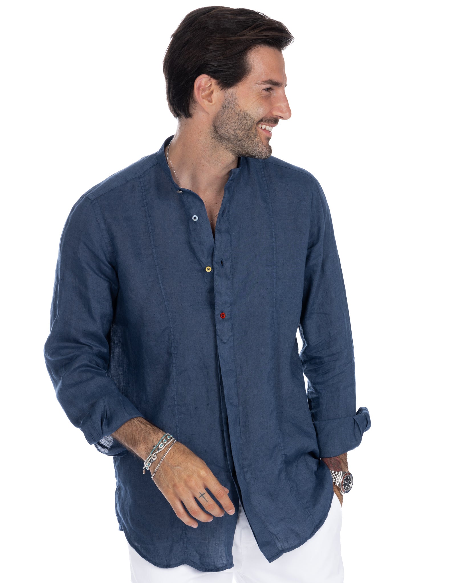 Cannes - royal blue pure linen henley shirt