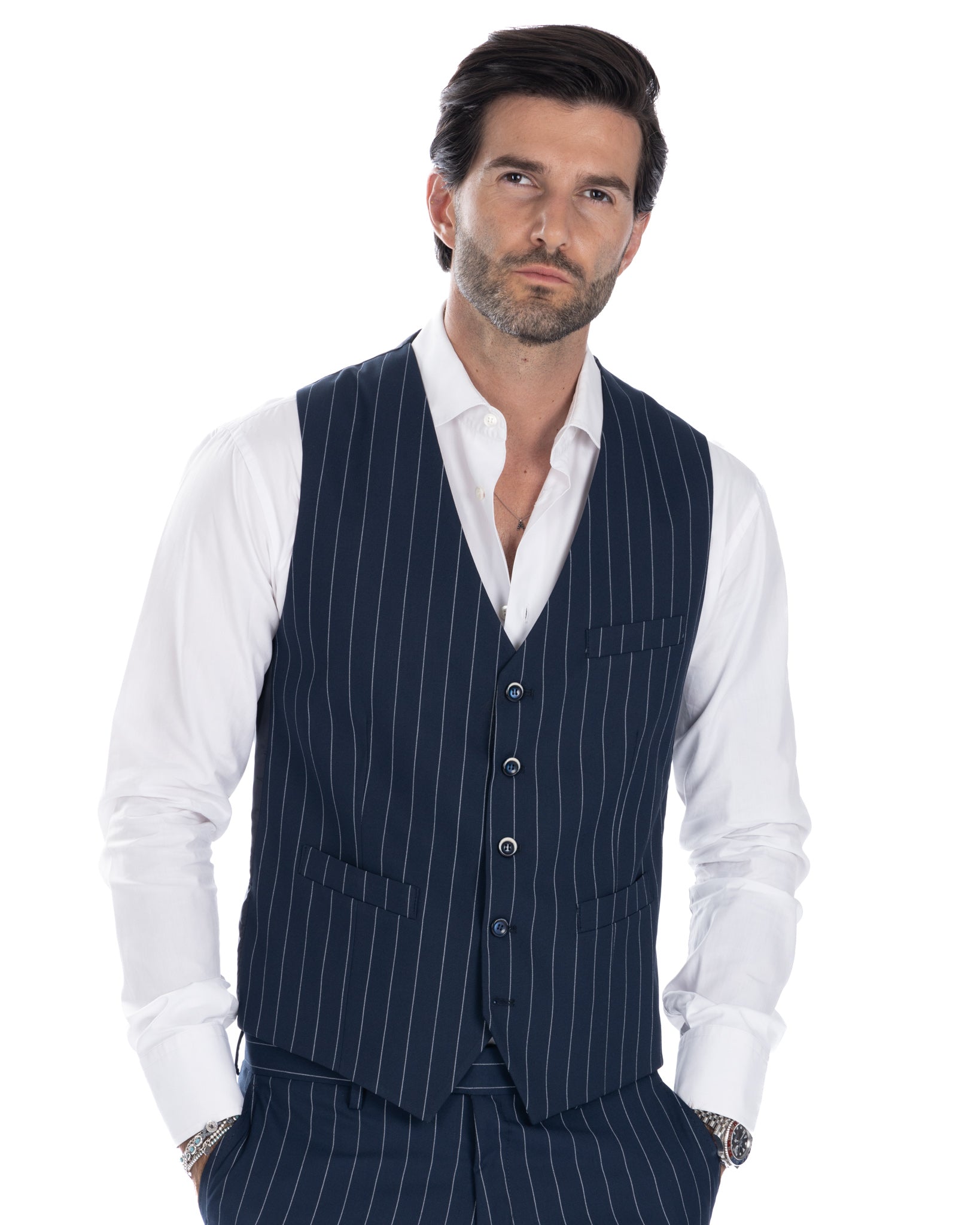 Mayence - gilet bleu à fines rayures