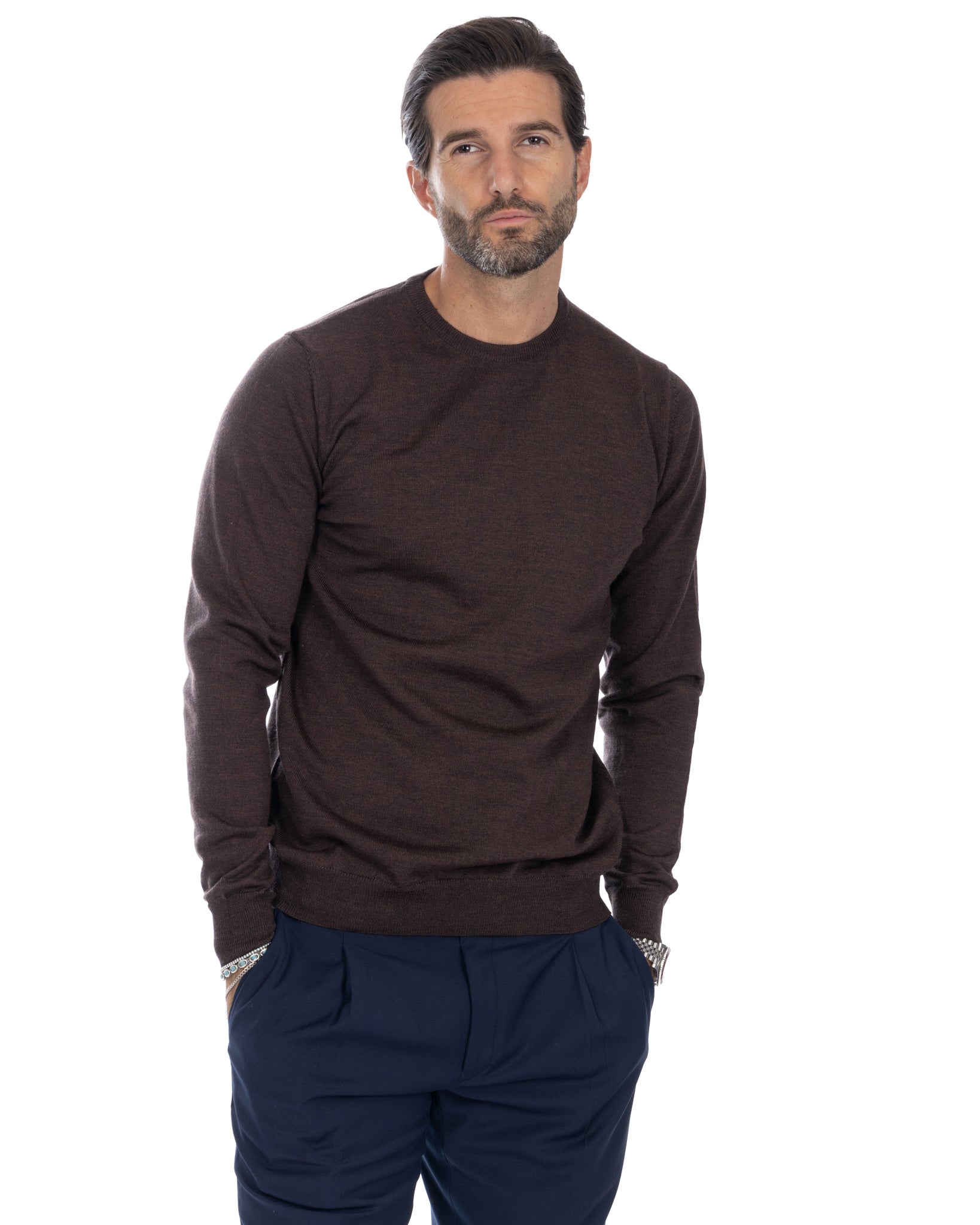 Pull ras du cou Furore en laine mérinos Tollegno marron foncé