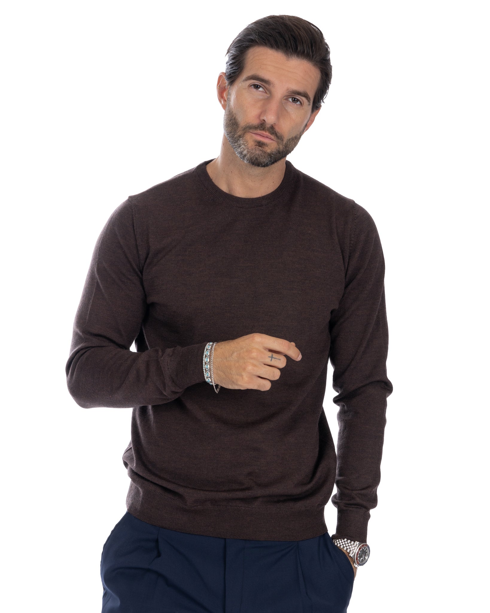 Pull ras du cou Furore en laine mérinos Tollegno marron foncé