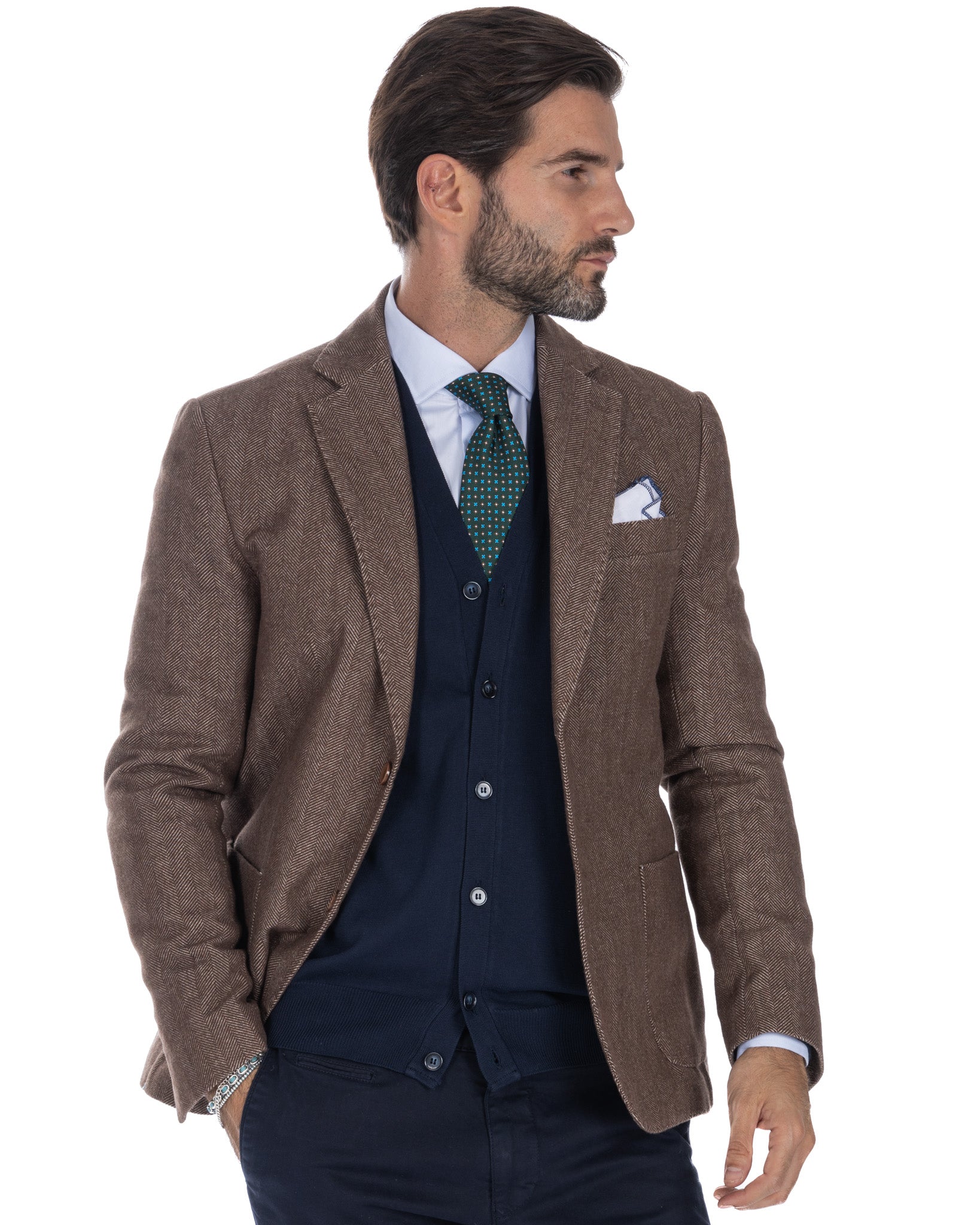 Jerome - dark brown herringbone single-breasted jacket