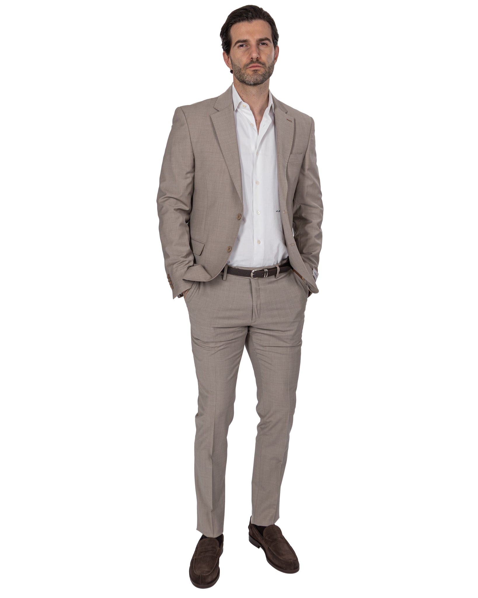 New York - Costume en laine beige à boutonnage simple