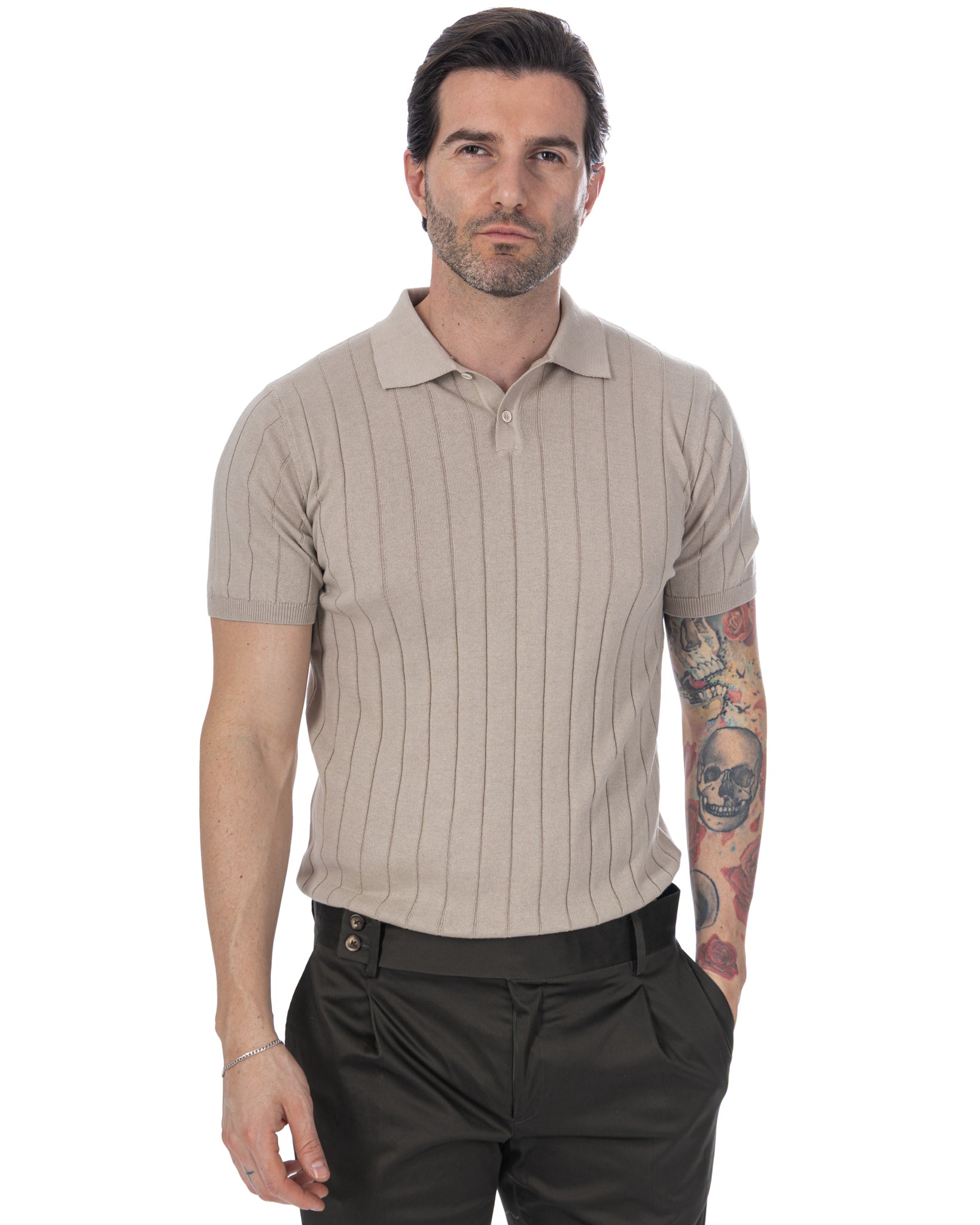 Cameron - Beige Ribbed Knit Polo