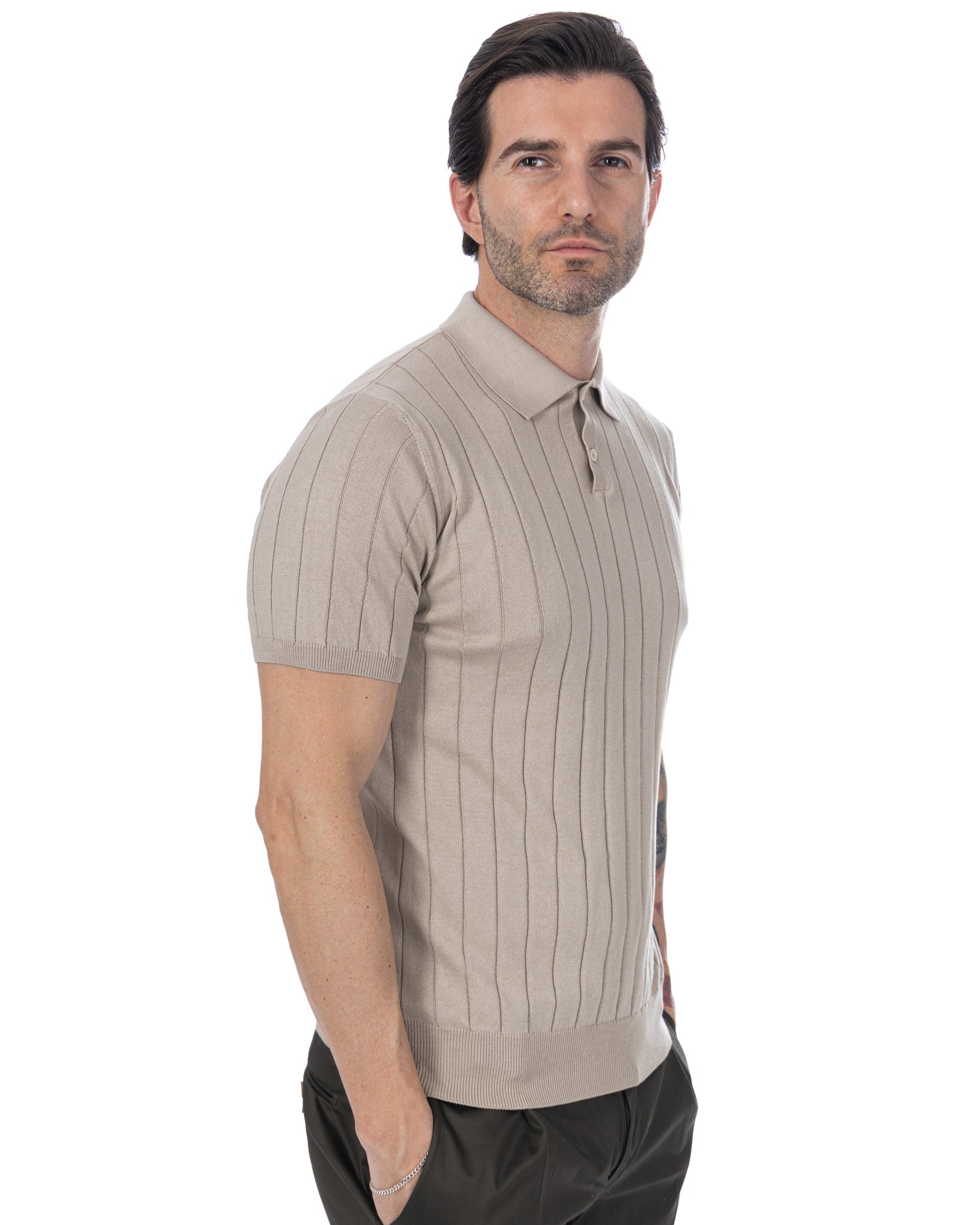 Cameron - Beige Ribbed Knit Polo