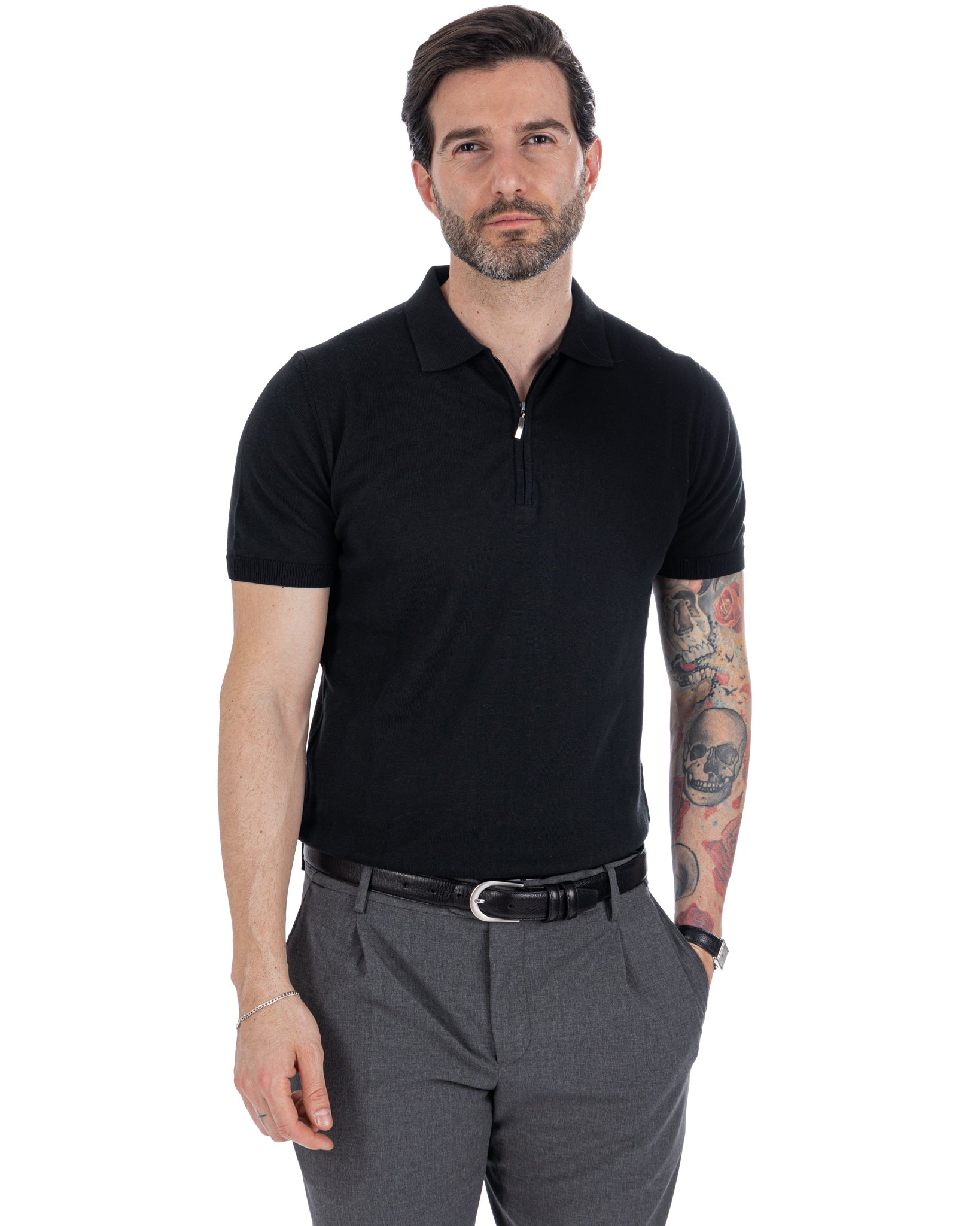 Sebastian - polo en maille noir avec zip