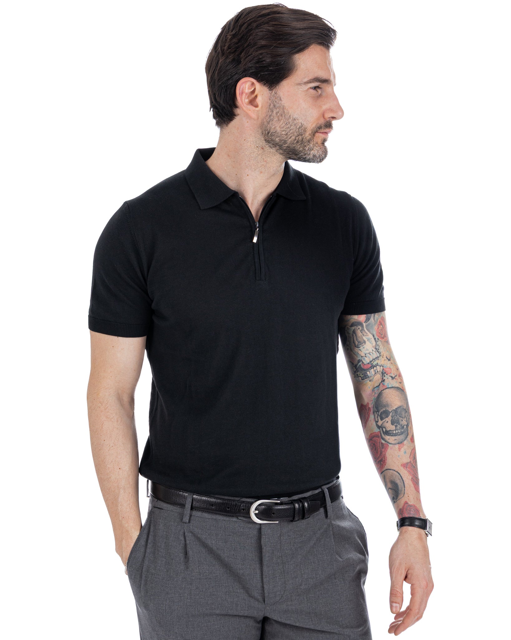 Sebastian - polo en maille noir avec zip
